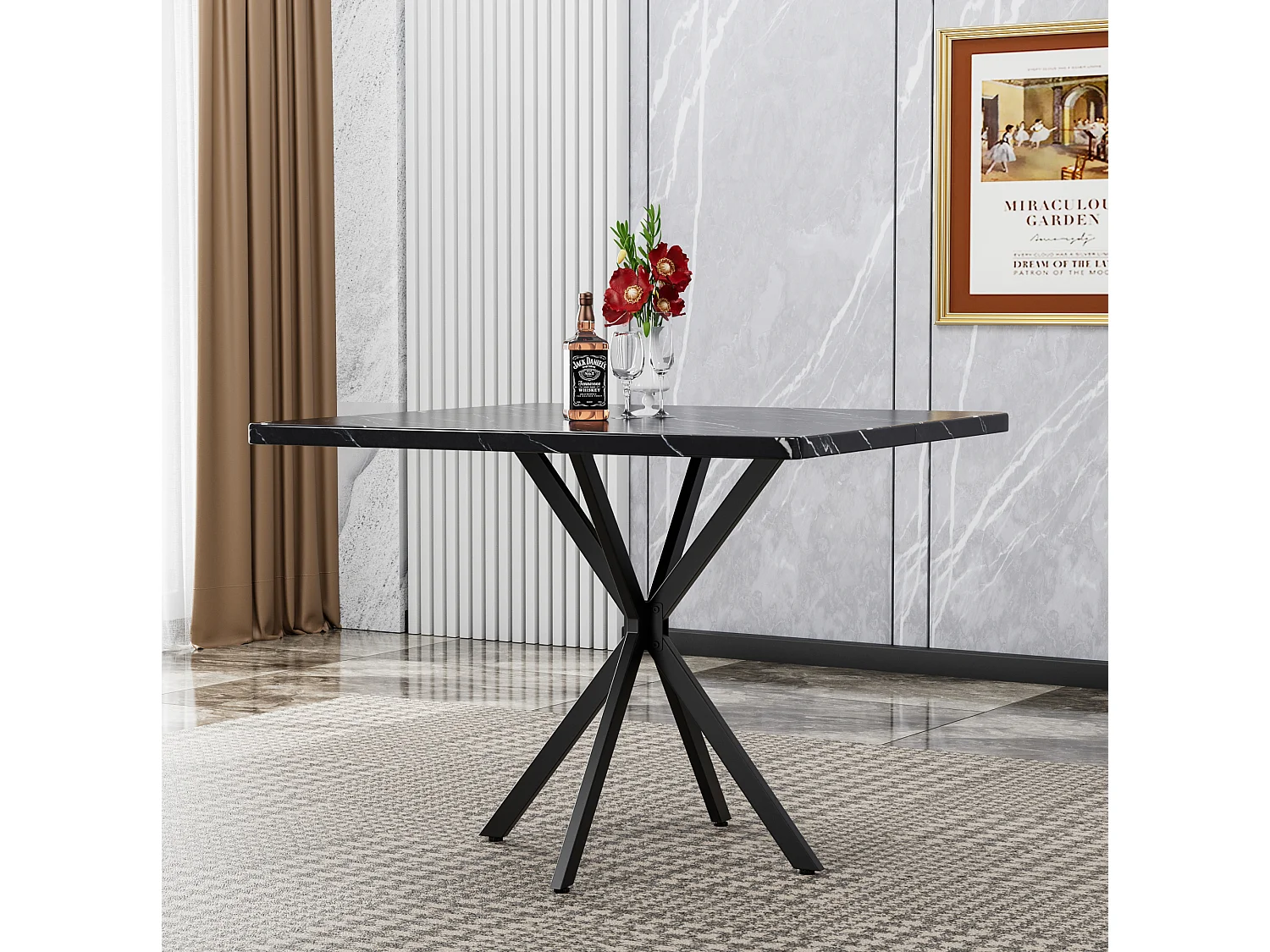 Table à manger carrée 98 x 98 cm en métal et bois pour 4 personnes - Pateau effet marbre noir
