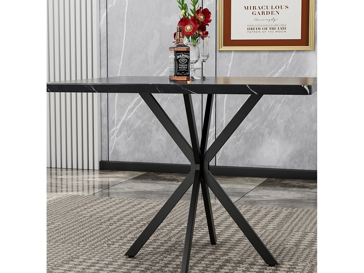 Table à manger carrée 98 x 98 cm en métal et bois pour 4 personnes - Pateau effet marbre noir