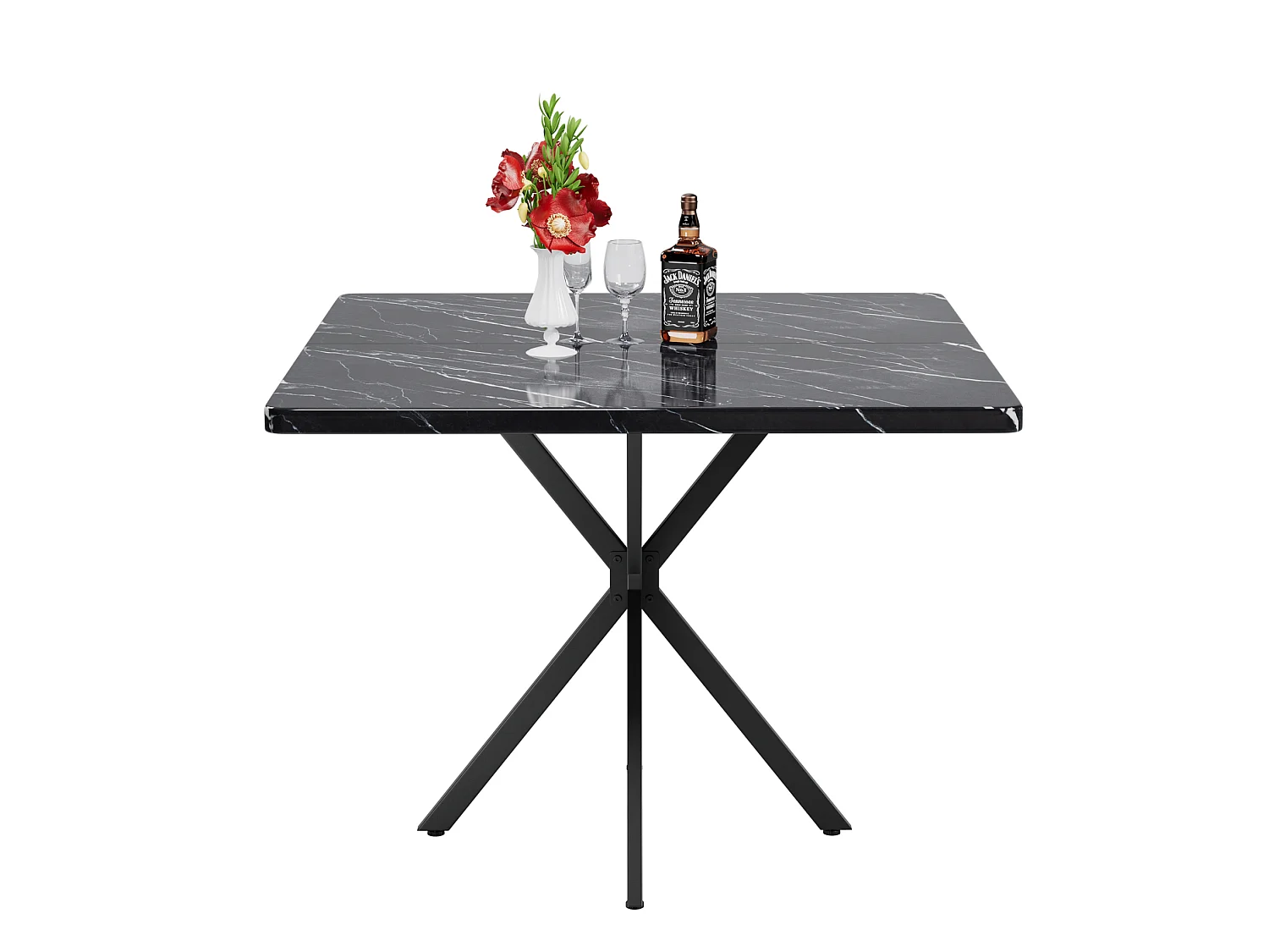 Table à manger carrée 98 x 98 cm en métal et bois pour 4 personnes - Pateau effet marbre noir