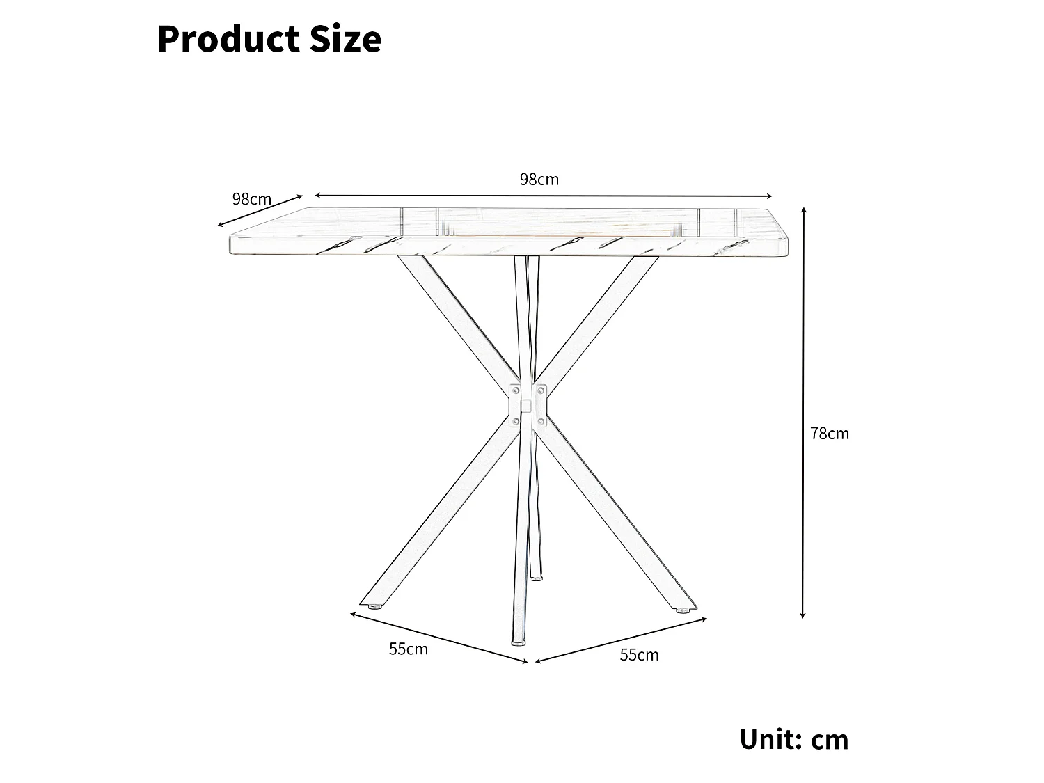 Table à manger carrée 98 x 98 cm en métal et bois pour 4 personnes - Pateau effet marbre noir