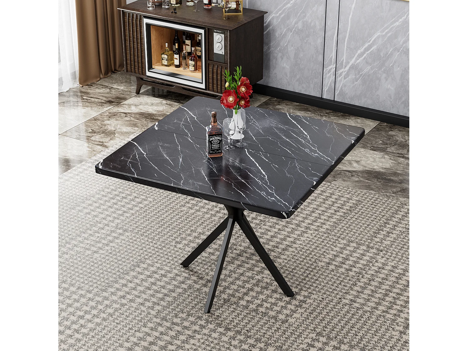 Table à manger carrée 98 x 98 cm en métal et bois pour 4 personnes - Pateau effet marbre noir