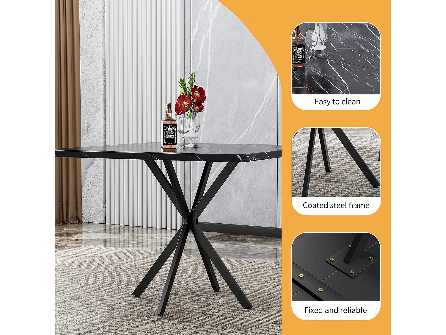 Table à manger carrée 98 x 98 cm en métal et bois pour 4 personnes - Pateau effet marbre noir