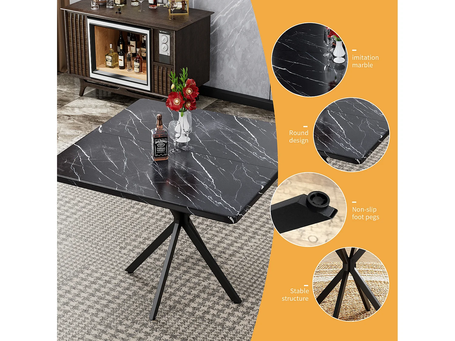 Table à manger carrée 98 x 98 cm en métal et bois pour 4 personnes - Pateau effet marbre noir
