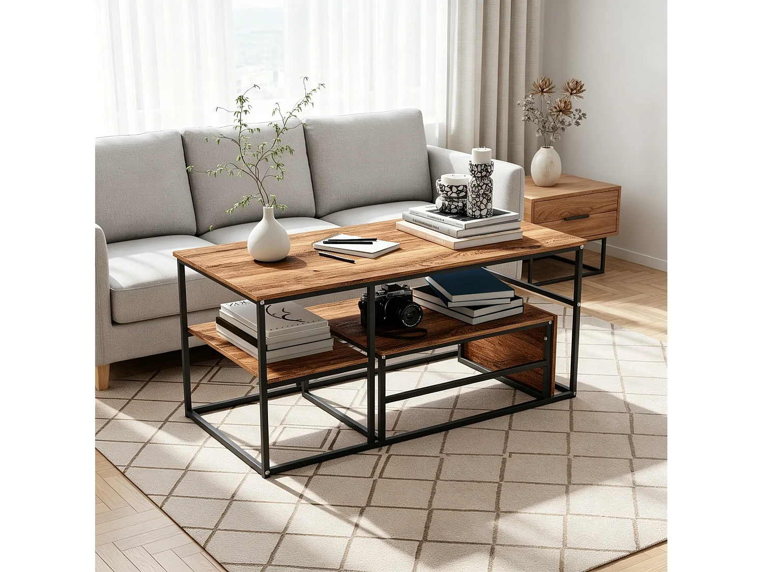 Table basse pour salon - Lot de 2 - Structure en acier avec étagère - Table d'appoint couleur noyer - Style industriel et scandinave - 105 x 52 x 50 cm