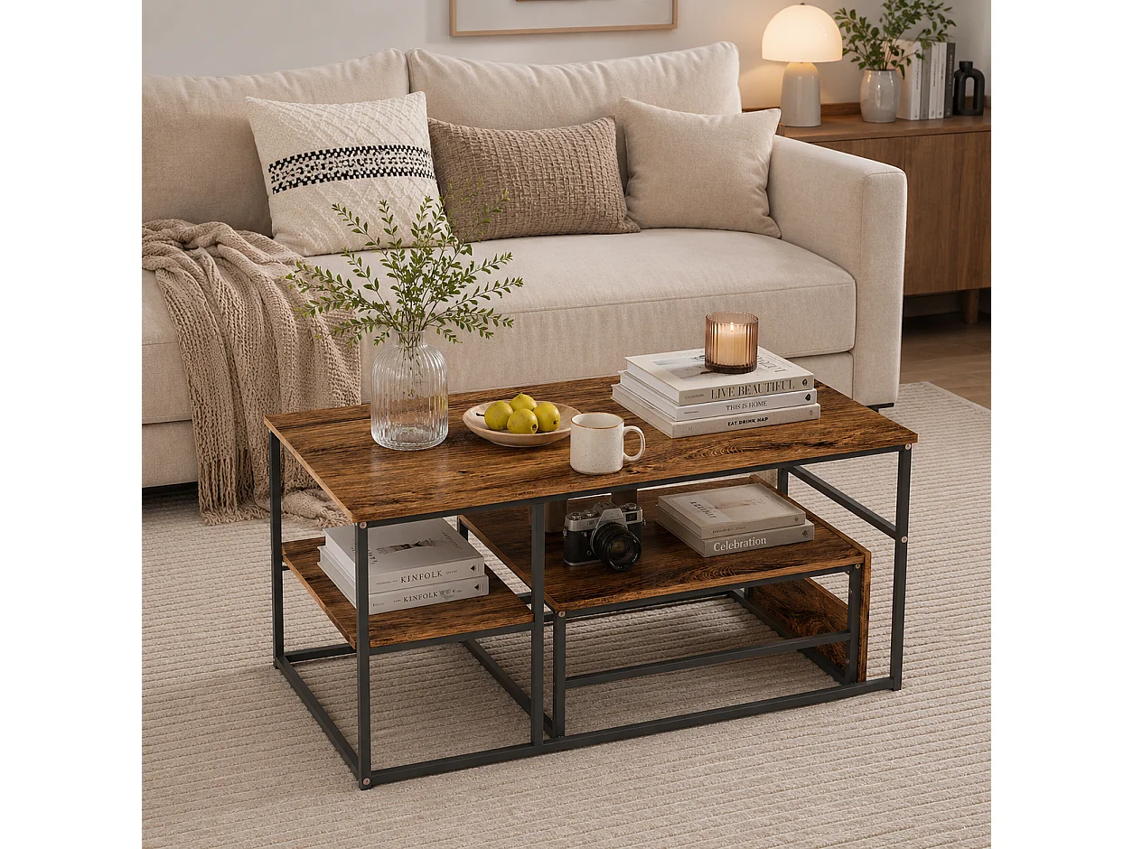 Table basse pour salon - Lot de 2 - Structure en acier avec étagère - Table d'appoint couleur noyer - Style industriel et scandinave - 105 x 52 x 50 cm