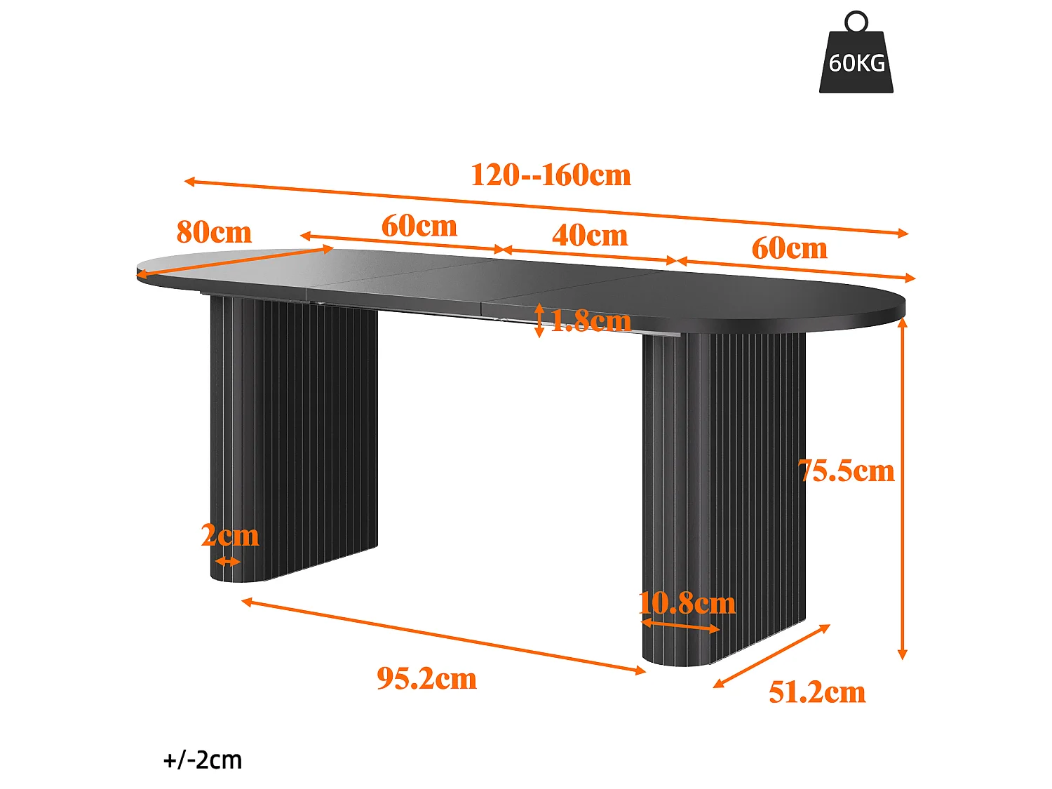 Uitschuifbare ovale eettafel 120-160 x 80 cm voor 4-6 personen - Zwart