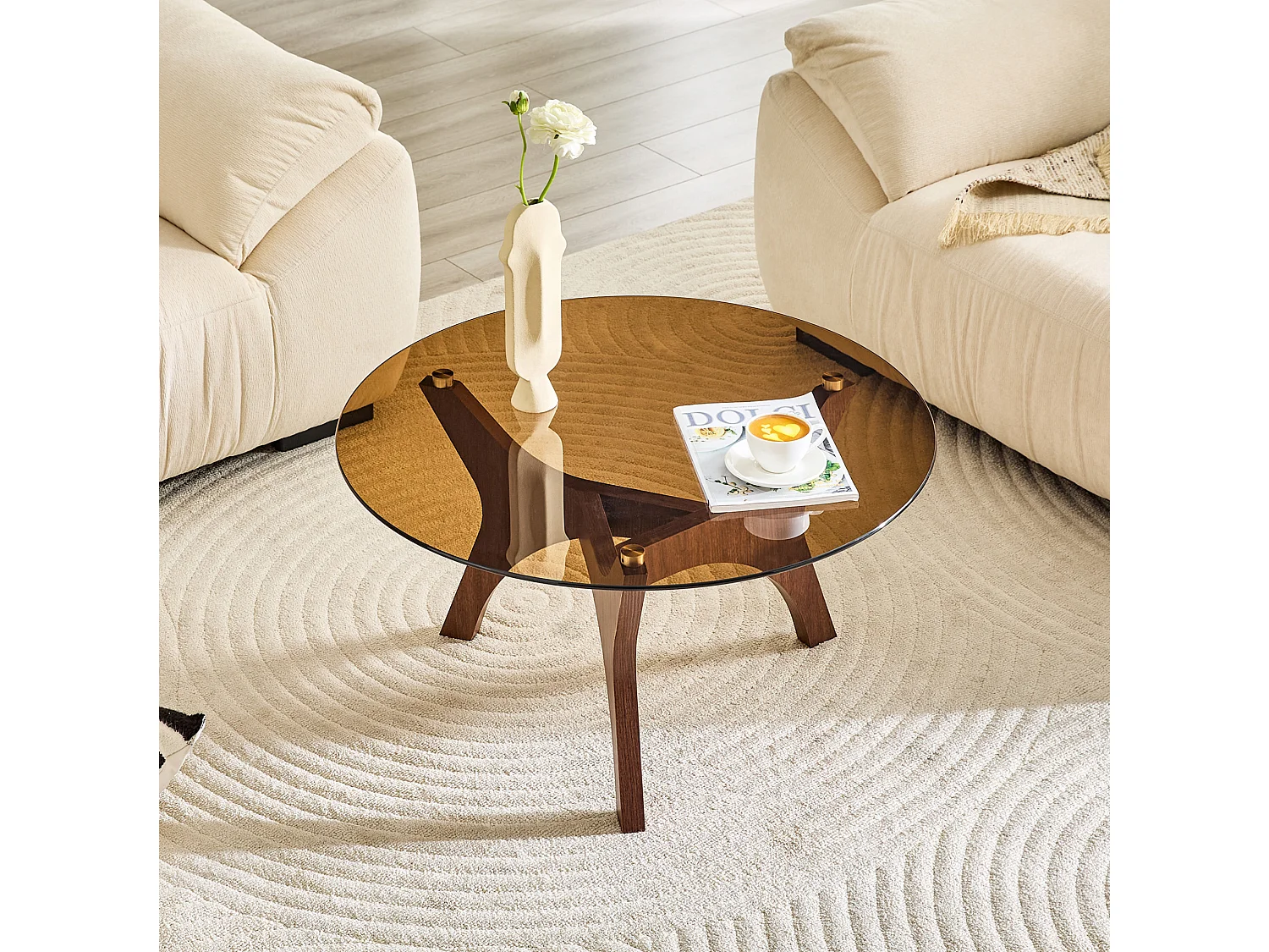 Ronde salontafel 80x80x42,2 cm in bruin - Glas en MDF