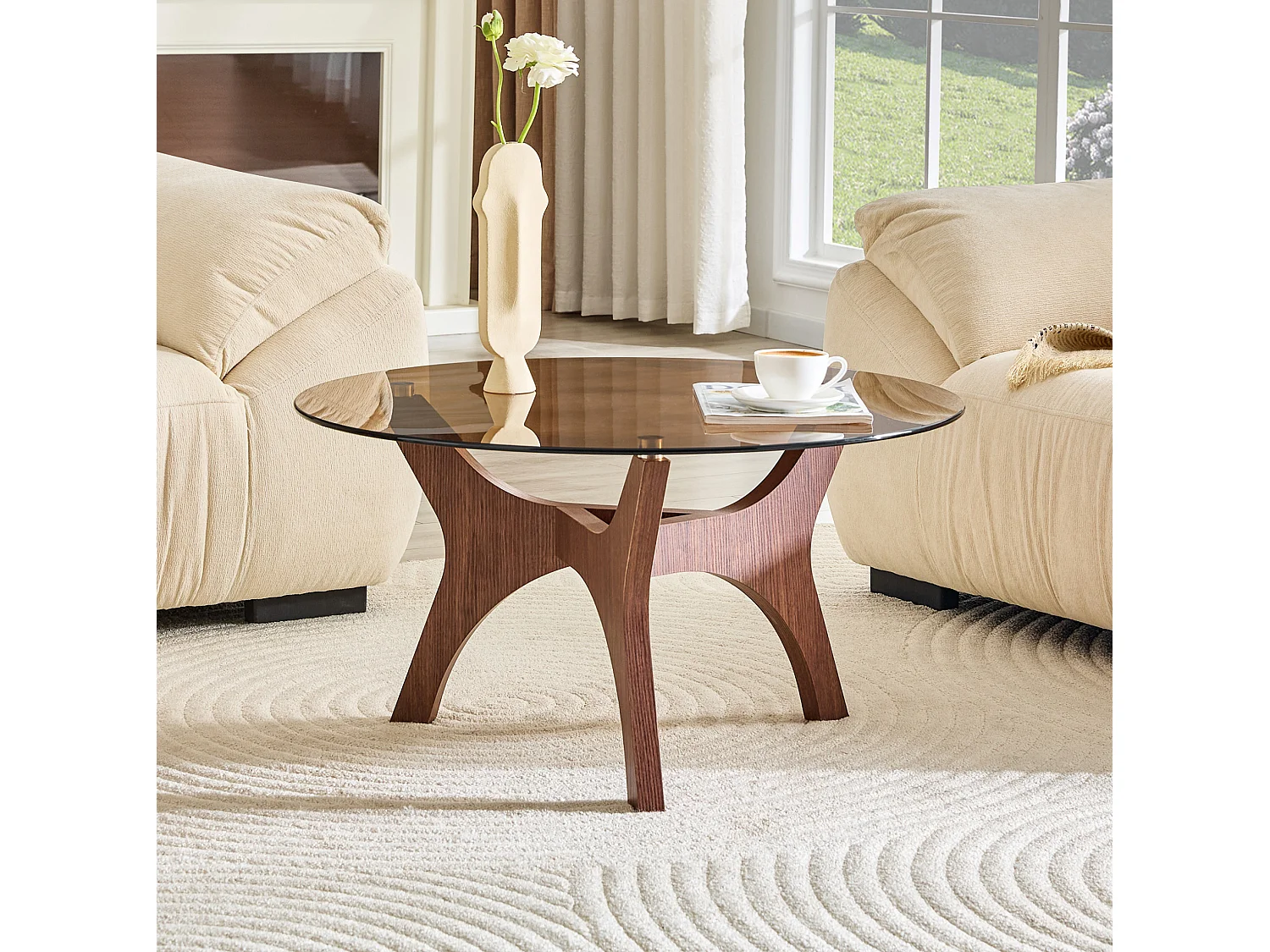 Ronde salontafel 80x80x42,2 cm in bruin - Glas en MDF