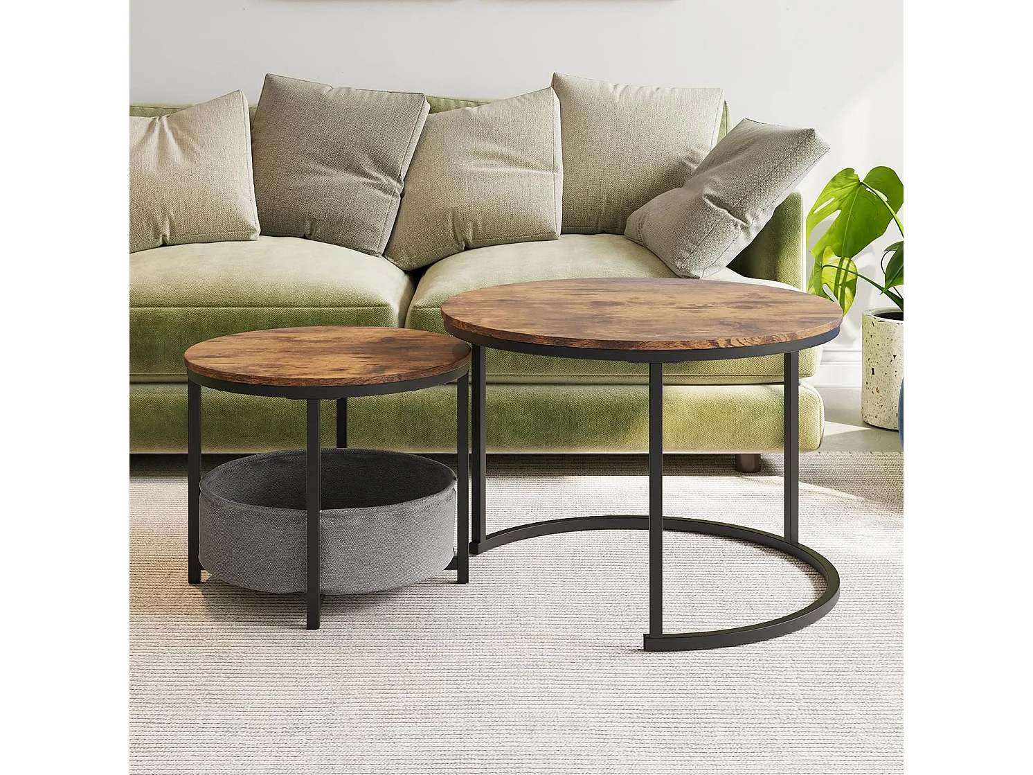 Lot de 2 tables basses rondes en métal et bois avec poche de rangement - Marron et noir