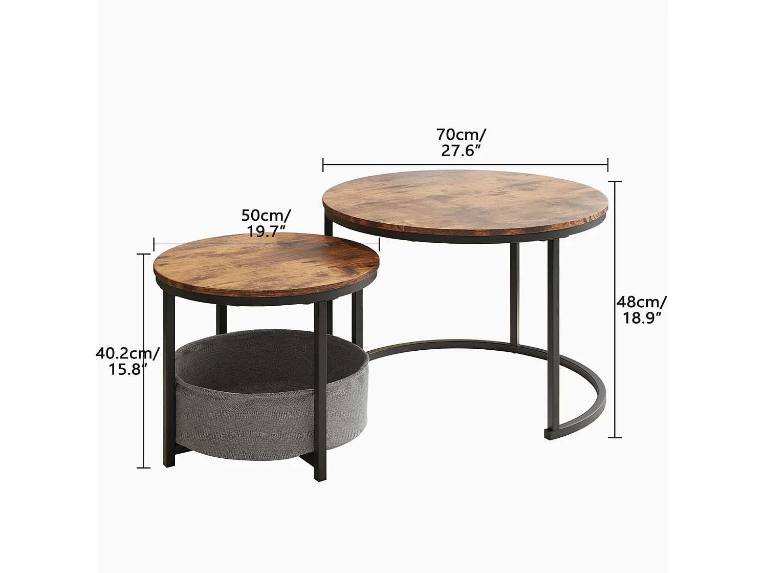 Lot de 2 tables basses rondes en métal et bois avec poche de rangement - Marron et noir