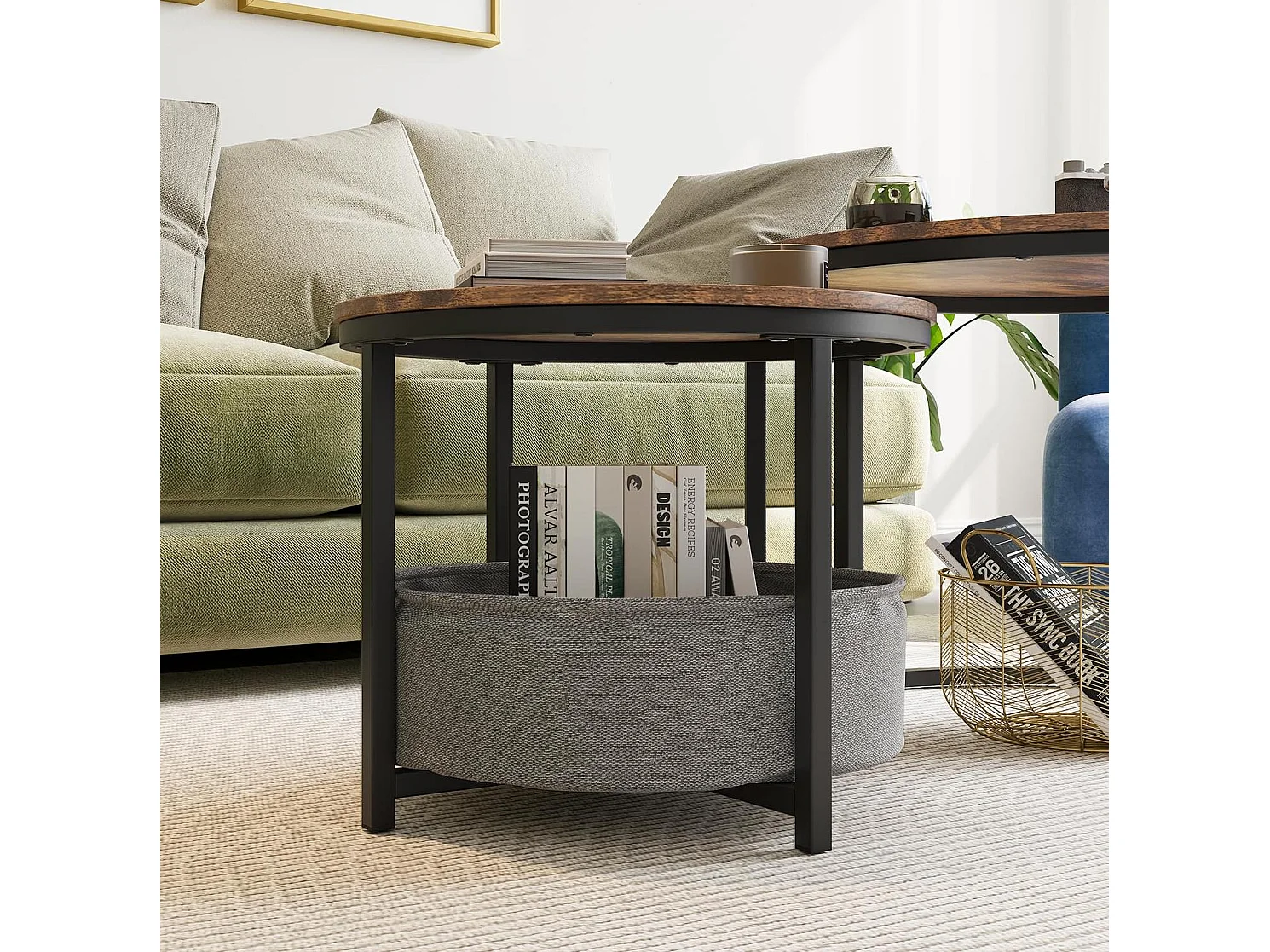Lot de 2 tables basses rondes en métal et bois avec poche de rangement - Marron et noir