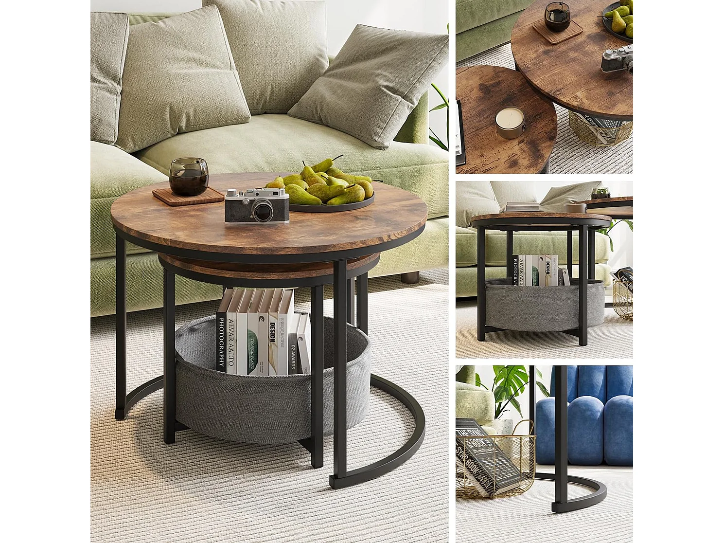 Lot de 2 tables basses rondes en métal et bois avec poche de rangement - Marron et noir