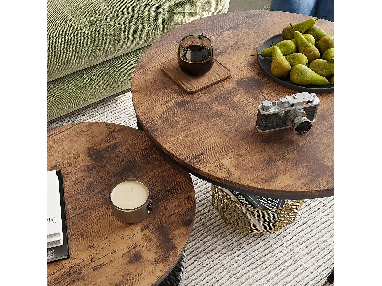 Lot de 2 tables basses rondes en métal et bois avec poche de rangement - Marron et noir