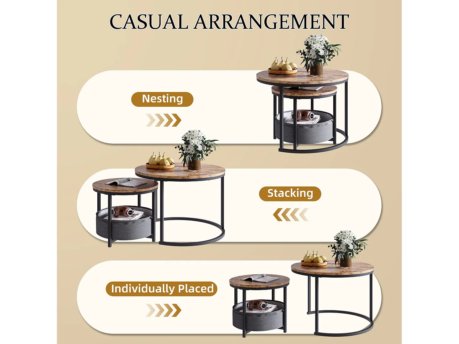 Lot de 2 tables basses rondes en métal et bois avec poche de rangement - Marron et noir
