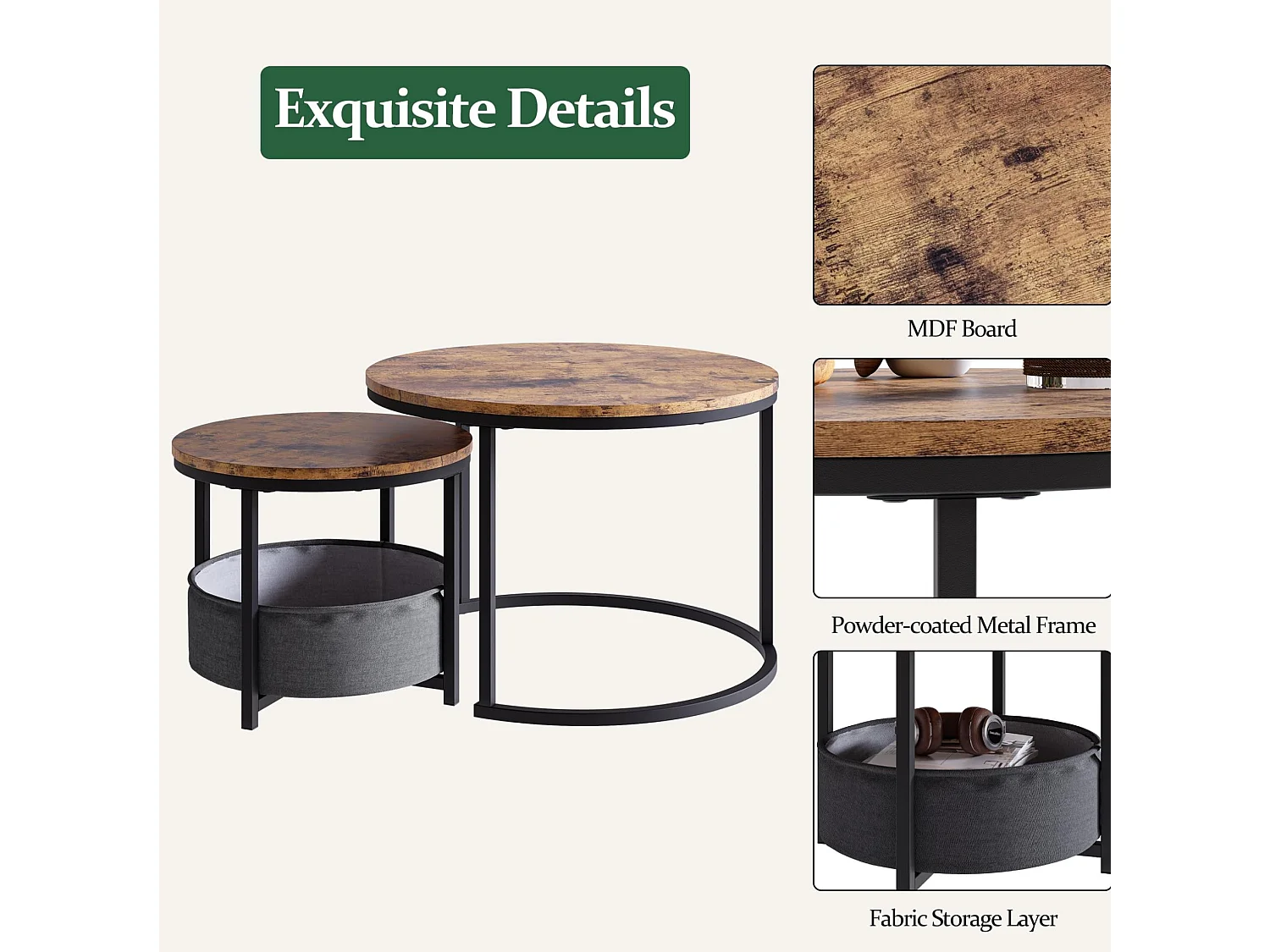 Lot de 2 tables basses rondes en métal et bois avec poche de rangement - Marron et noir