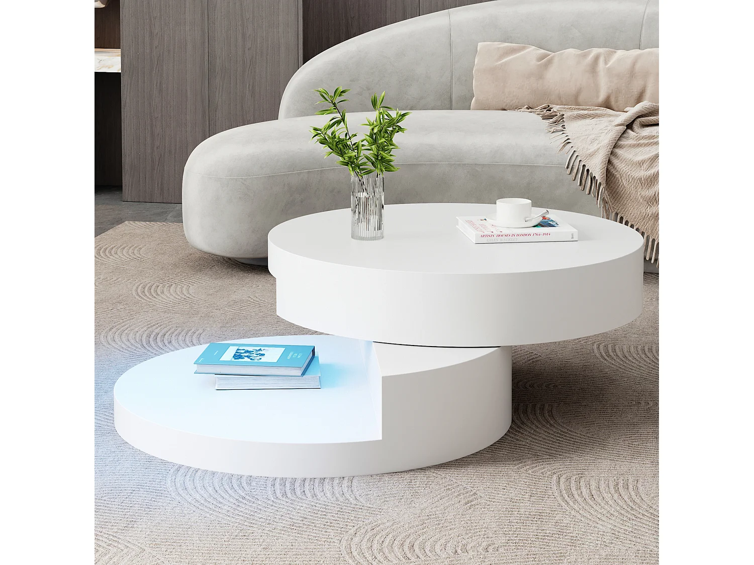 Tavolino da caffè rotondo girevole a 360° 70x70x35,5 cm bianco con LED