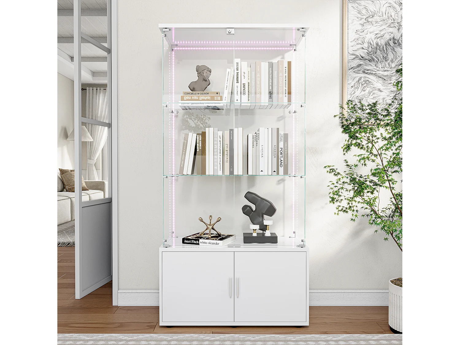 Vitrine en Verre avec 3 étagères et LED, avec 2 Portes et Base de Casier, Meuble Vitrine Verre pour Collection, pour Salon, 78.5x35x164 cm, Blanc
