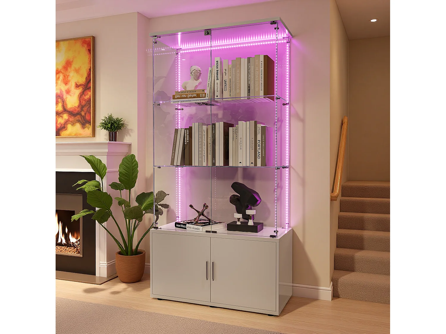 Vitrine en Verre avec 3 étagères et LED, avec 2 Portes et Base de Casier, Meuble Vitrine Verre pour Collection, pour Salon, 78.5x35x164 cm, Blanc