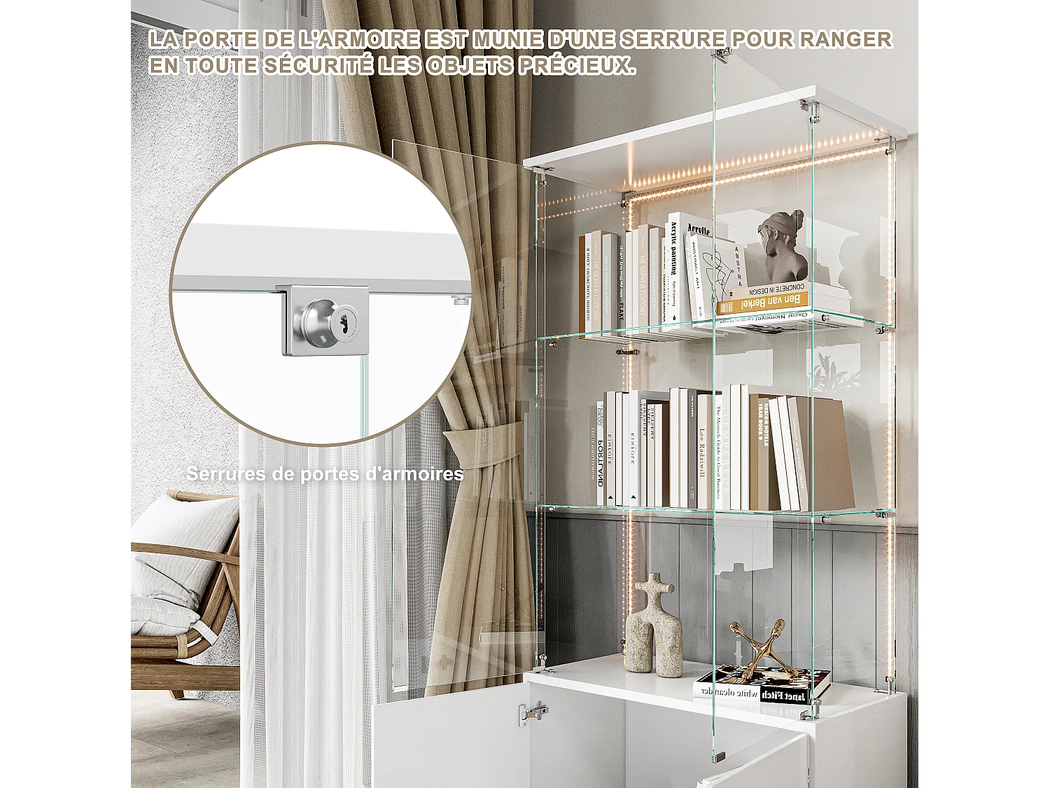 Vitrine en Verre avec 3 étagères et LED, avec 2 Portes et Base de Casier, Meuble Vitrine Verre pour Collection, pour Salon, 78.5x35x164 cm, Blanc