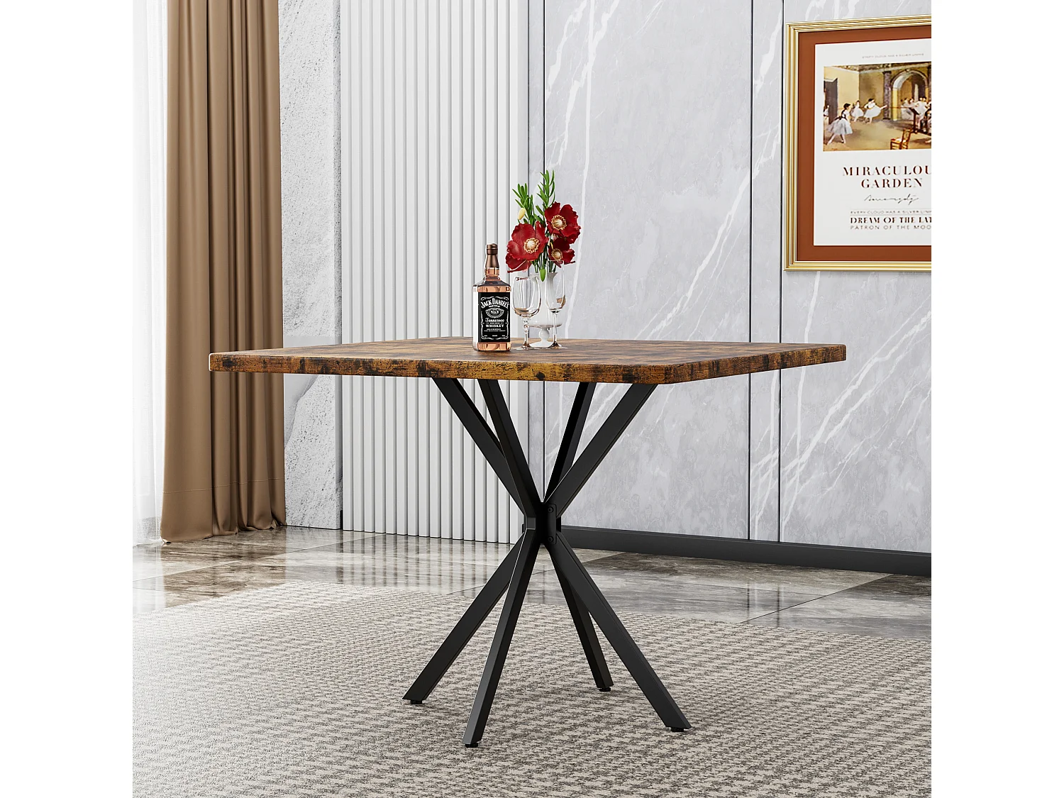 Table à manger carrée 98 x 98 cm en métal et bois pour 4 personnes - Marron