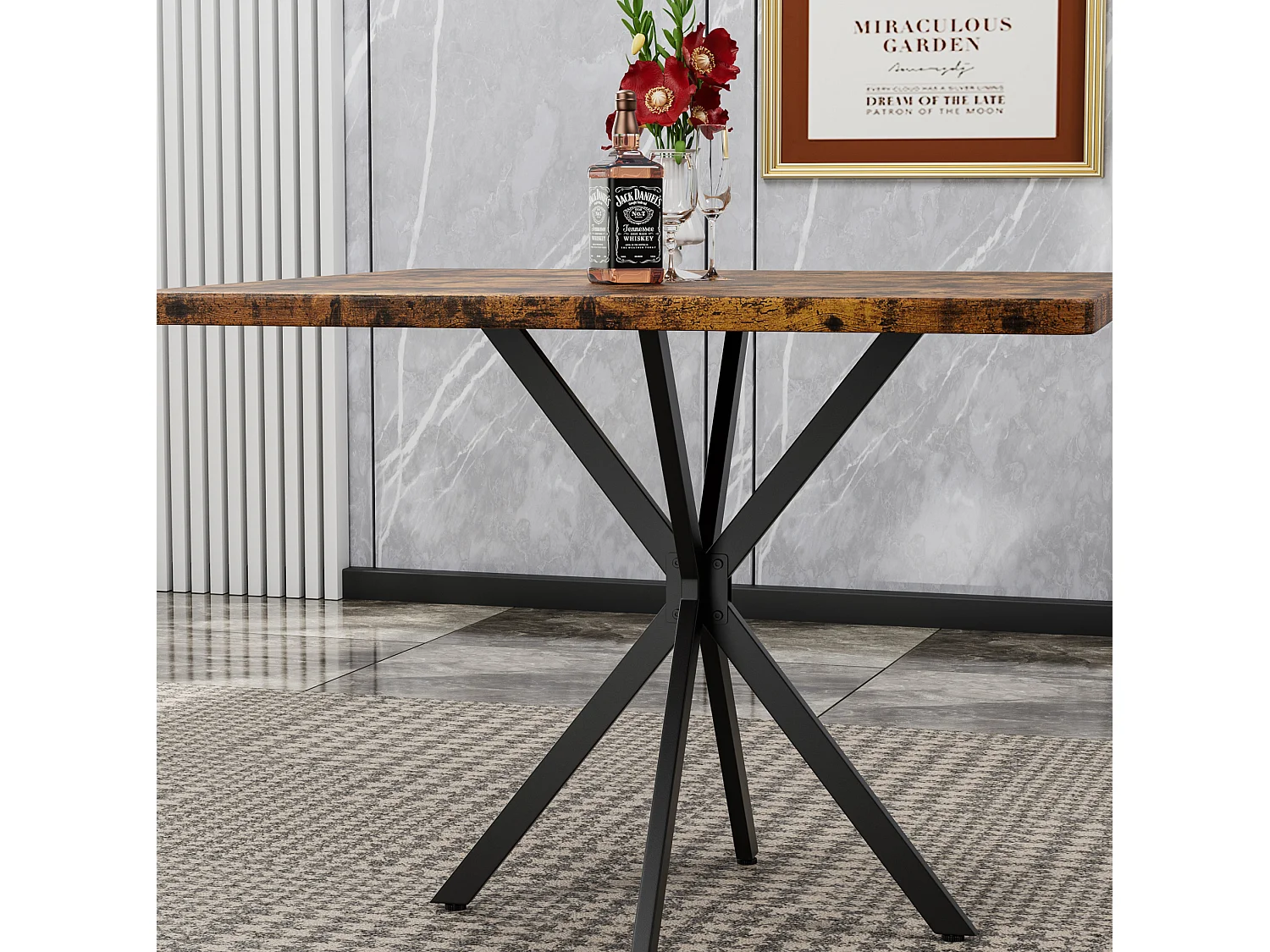 Table à manger carrée 98 x 98 cm en métal et bois pour 4 personnes - Marron