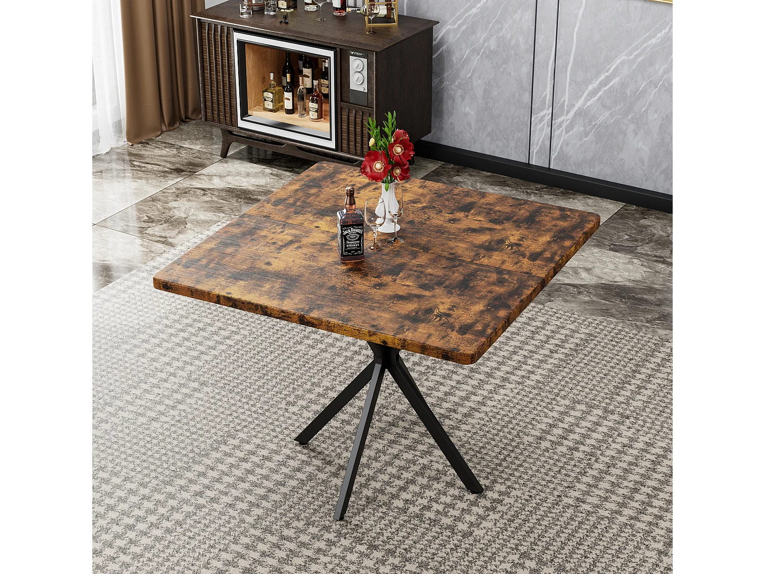 Table à manger carrée 98 x 98 cm en métal et bois pour 4 personnes - Marron