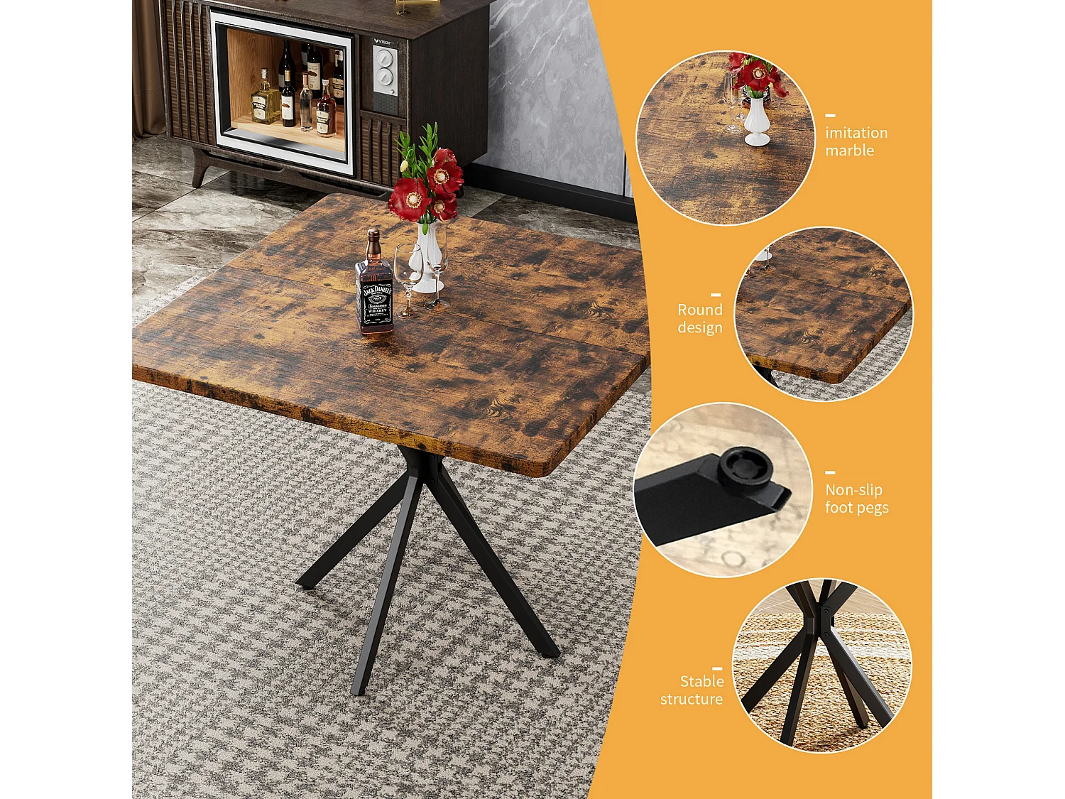 Table à manger carrée 98 x 98 cm en métal et bois pour 4 personnes - Marron
