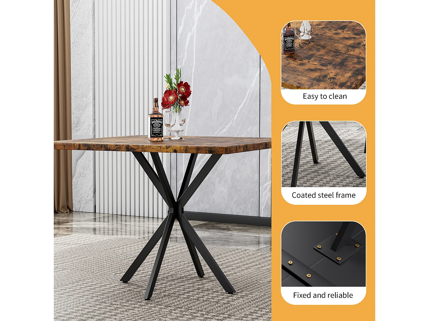 Table à manger carrée 98 x 98 cm en métal et bois pour 4 personnes - Marron
