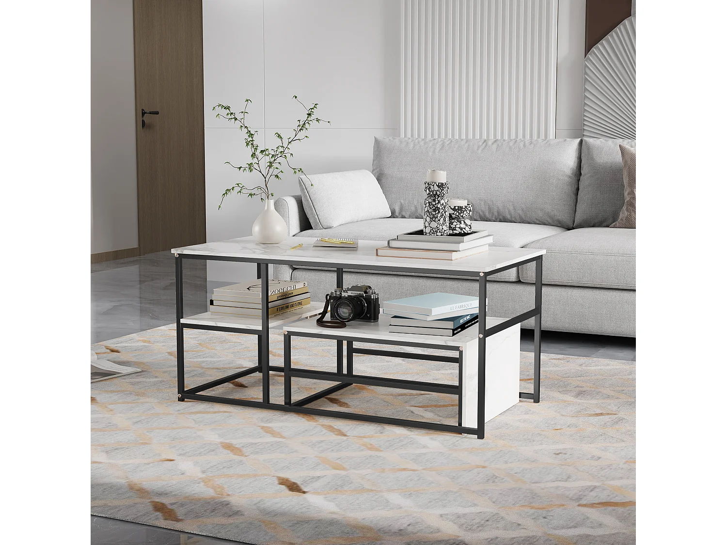 Table basse pour salon - Lot de 2 - Structure en acier avec étagère - Table d'appoint couleur Noir - Style industriel et scandinave - 105 x 52 x 50 cm
