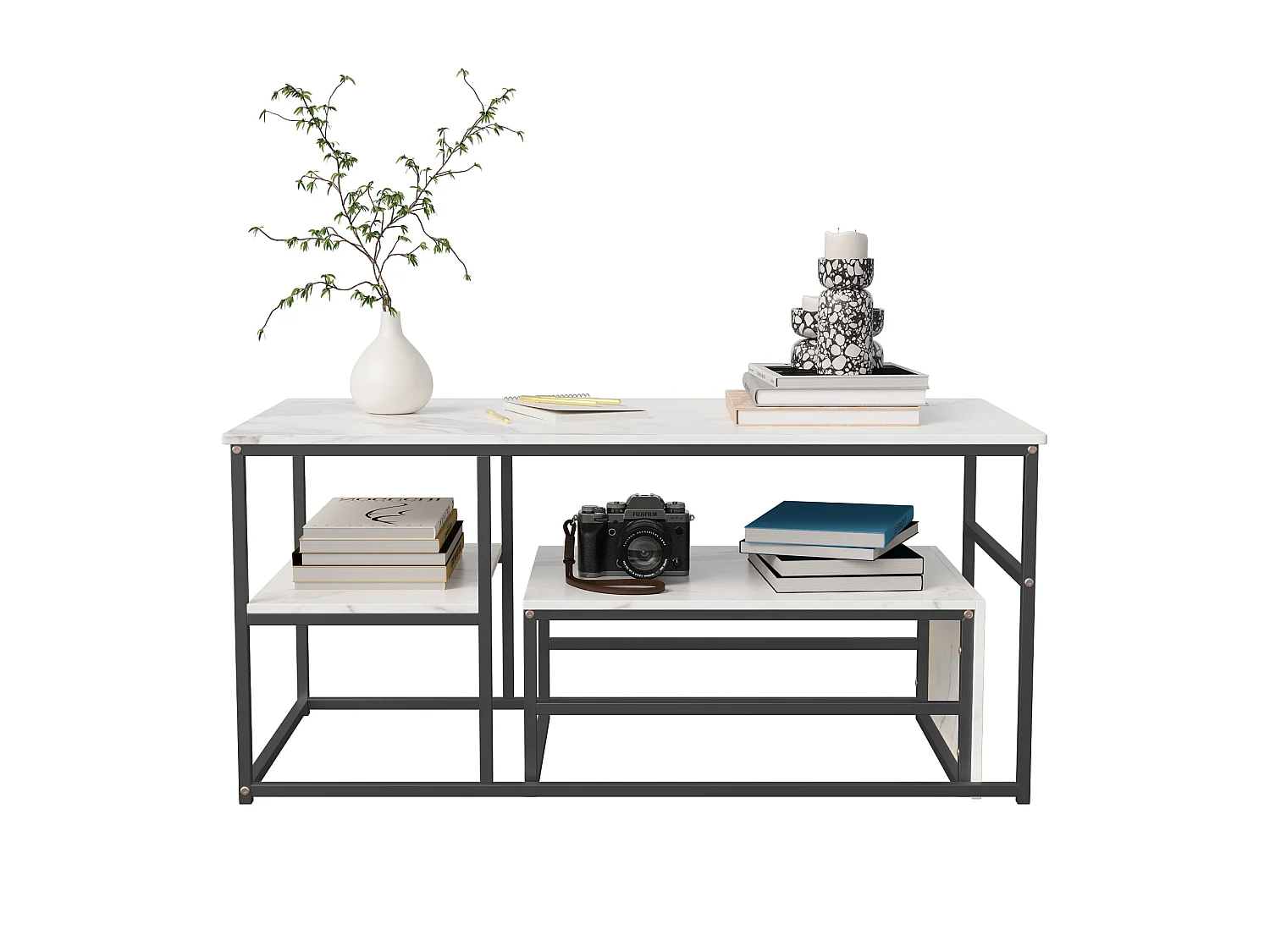 Table basse pour salon - Lot de 2 - Structure en acier avec étagère - Table d'appoint couleur Noir - Style industriel et scandinave - 105 x 52 x 50 cm