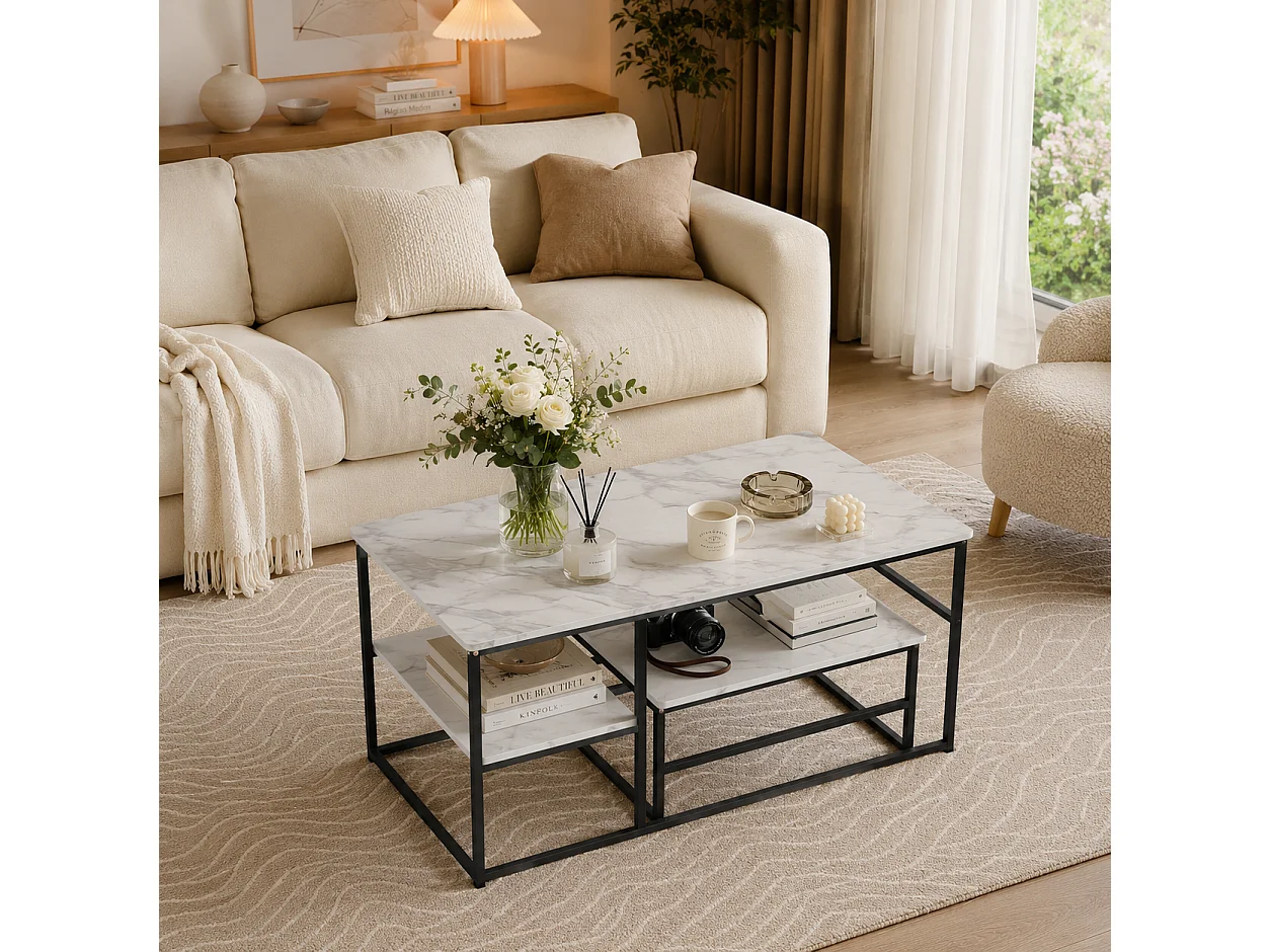 Table basse pour salon - Lot de 2 - Structure en acier avec étagère - Table d'appoint couleur Noir - Style industriel et scandinave - 105 x 52 x 50 cm