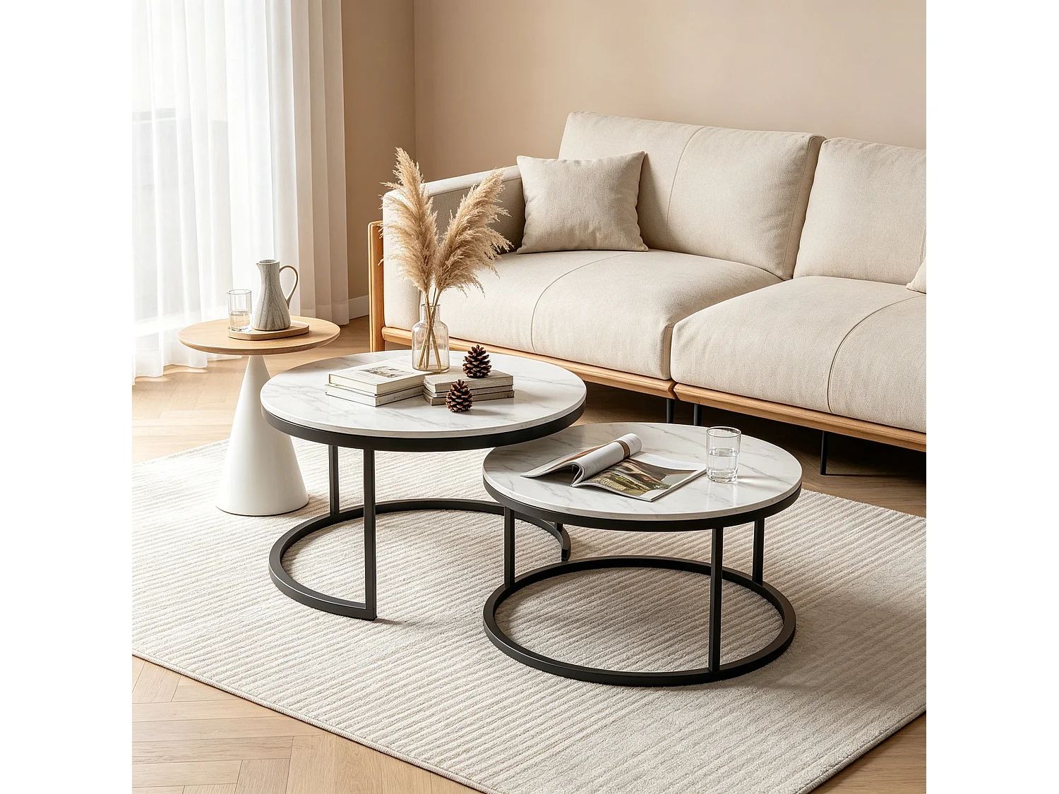 Tables basses - Lot de 2  - ø 80/60 cm - Table d'appoint ronde - Style moderne - Table de salon - Plateau en marbre blanc - Structure en métal Noir