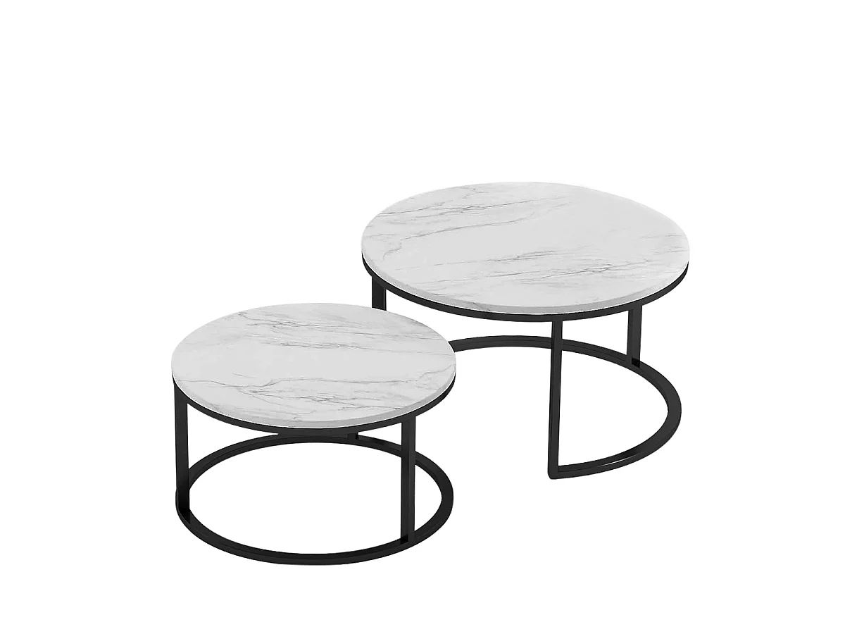 Tables basses - Lot de 2  - ø 80/60 cm - Table d'appoint ronde - Style moderne - Table de salon - Plateau en marbre blanc - Structure en métal Noir