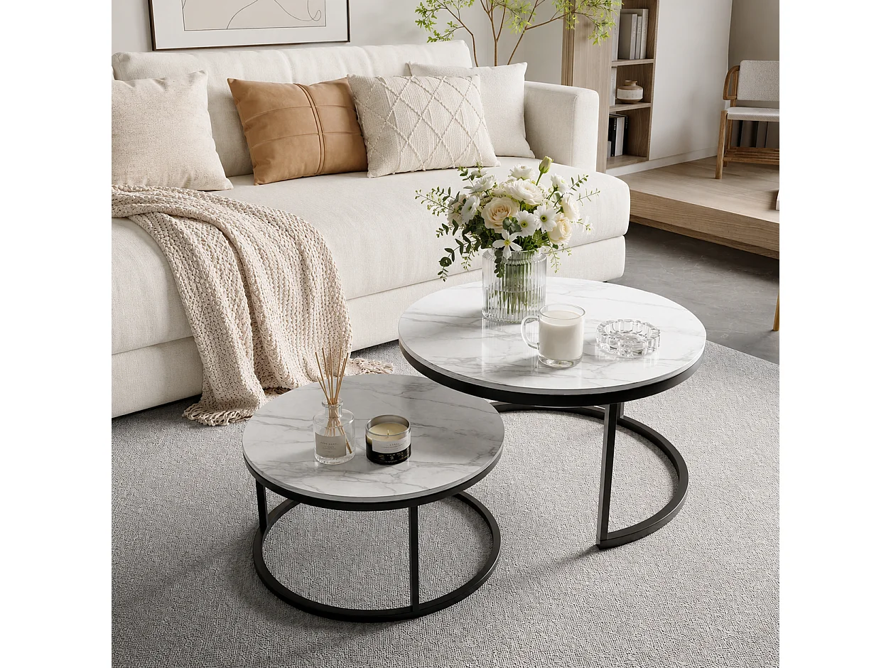 Tables basses - Lot de 2  - ø 80/60 cm - Table d'appoint ronde - Style moderne - Table de salon - Plateau en marbre blanc - Structure en métal Noir