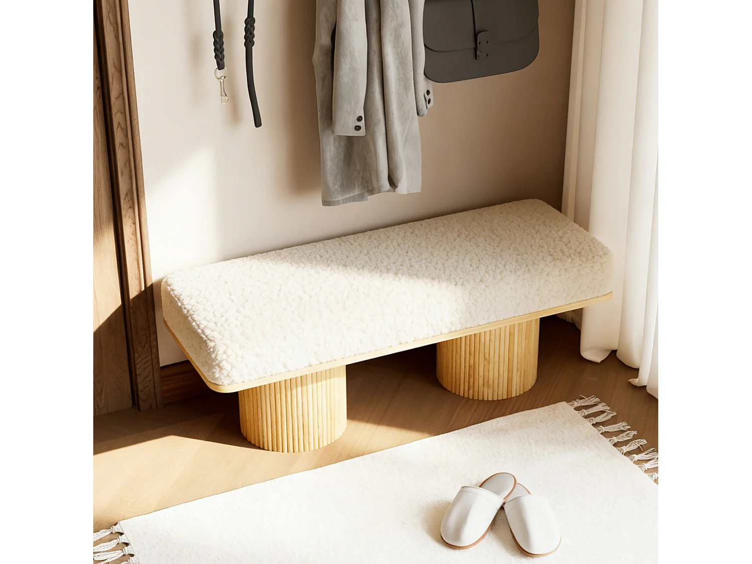 Banc 122x46x42.5 cm en tissu Teddy blanc et naturel - Pour chambre, entrée ou salon