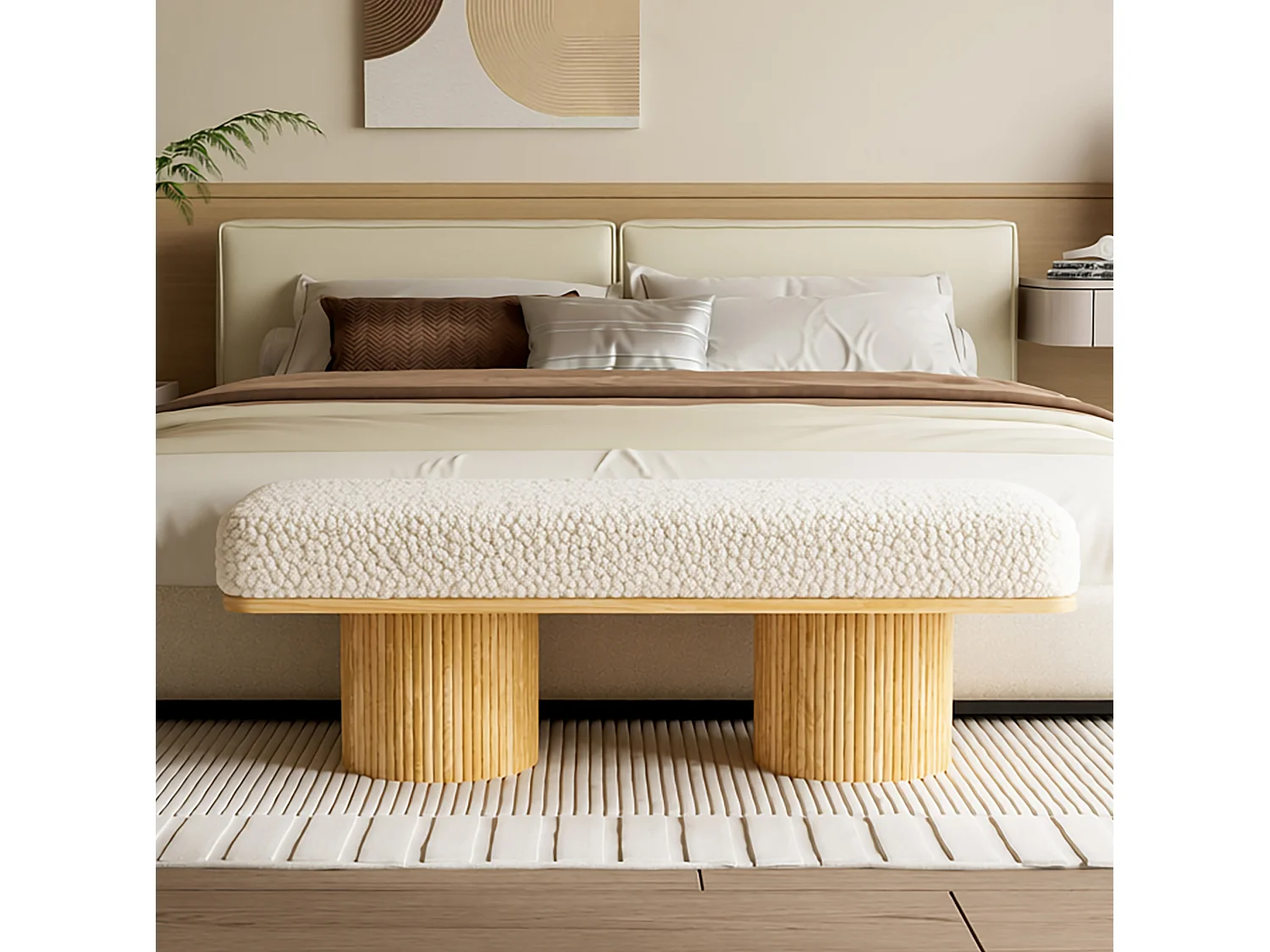 Banc 122x46x42.5 cm en tissu Teddy blanc et naturel - Pour chambre, entrée ou salon