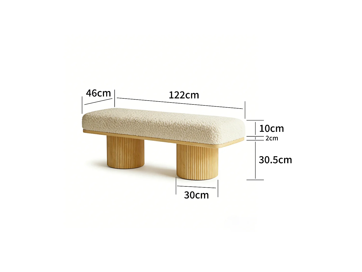 Banc 122x46x42.5 cm en tissu Teddy blanc et naturel - Pour chambre, entrée ou salon