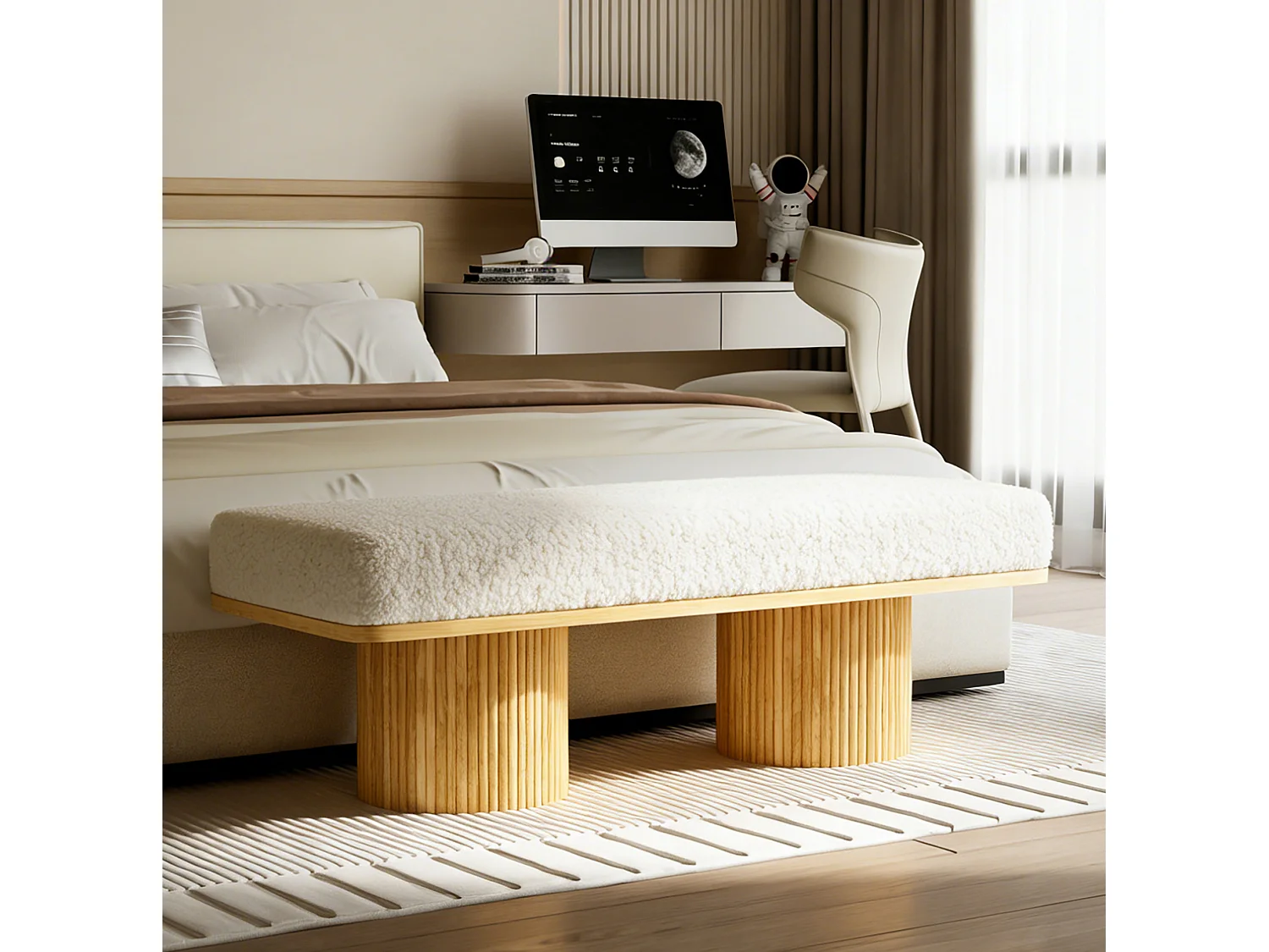 Banc 122x46x42.5 cm en tissu Teddy blanc et naturel - Pour chambre, entrée ou salon