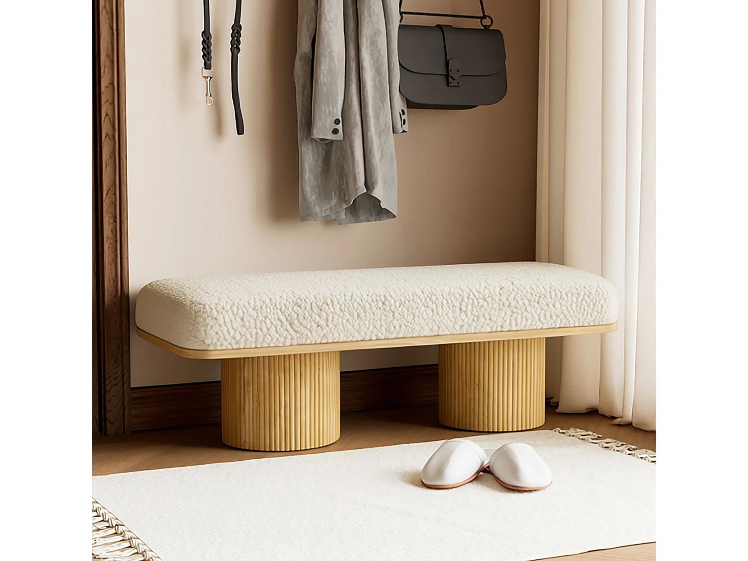 Banc 122x46x42.5 cm en tissu Teddy blanc et naturel - Pour chambre, entrée ou salon