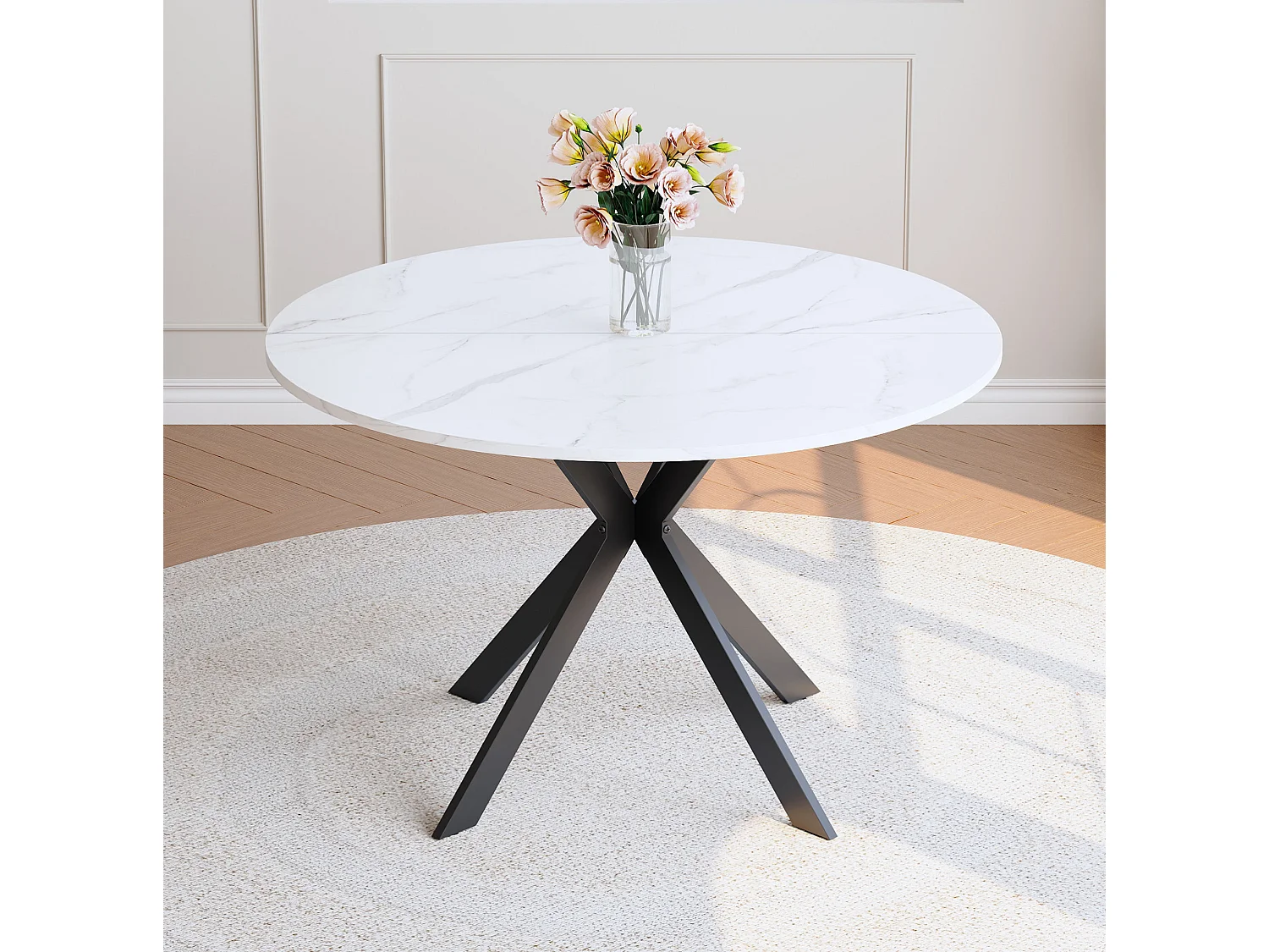 Table à manger ronde 110 cm effet marbre blanc avec piètement X en métal noir