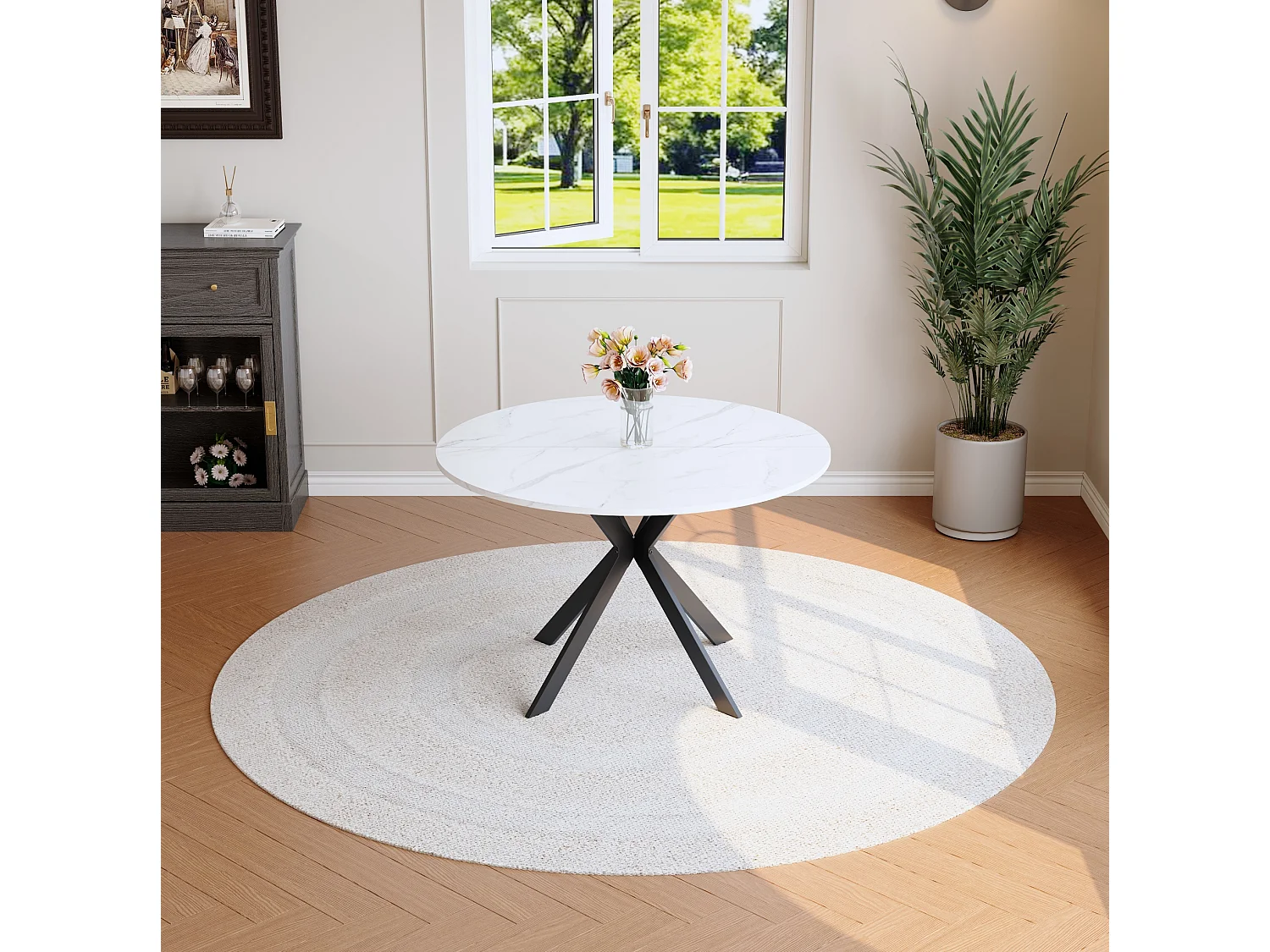 Table à manger ronde 110 cm effet marbre blanc avec piètement X en métal noir