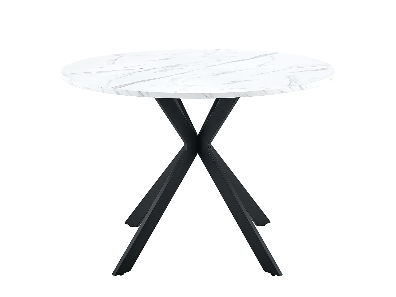 Table à manger ronde 110 cm effet marbre blanc avec piètement X en métal noir