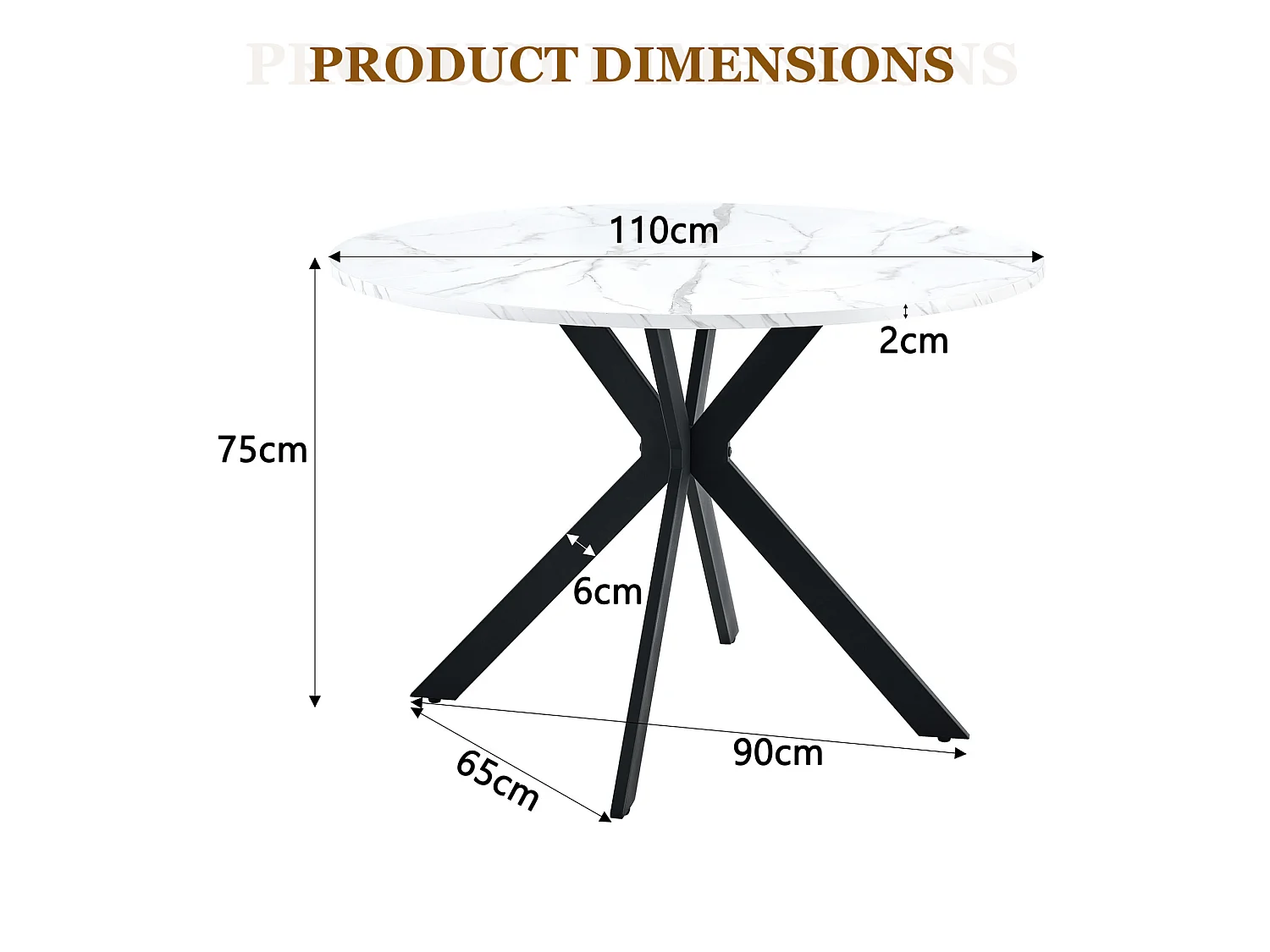 Table à manger ronde 110 cm effet marbre blanc avec piètement X en métal noir