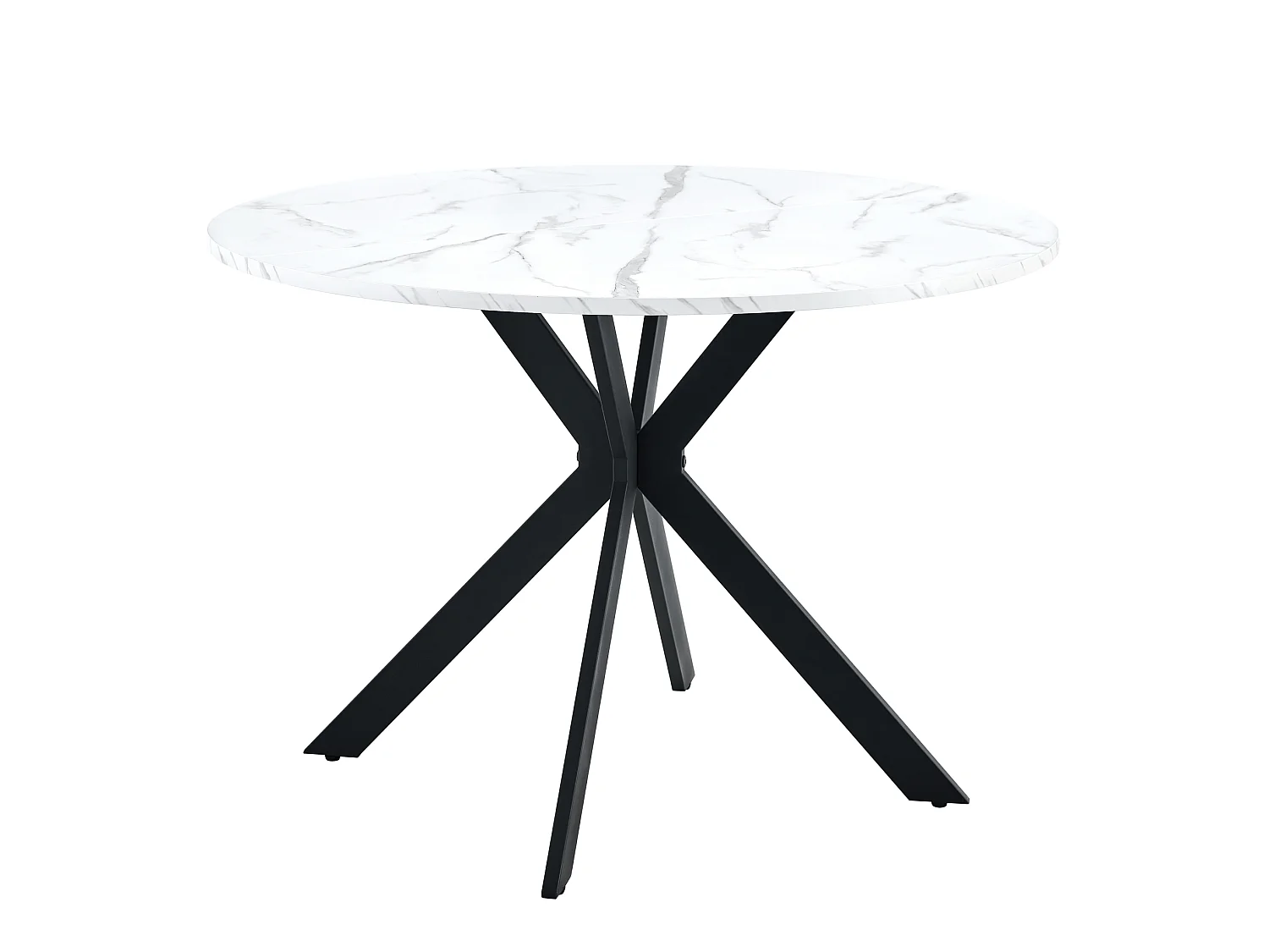 Table à manger ronde 110 cm effet marbre blanc avec piètement X en métal noir