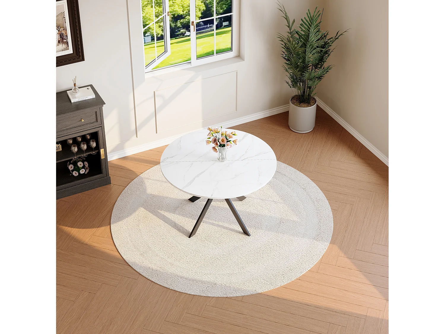 Table à manger ronde 110 cm effet marbre blanc avec piètement X en métal noir