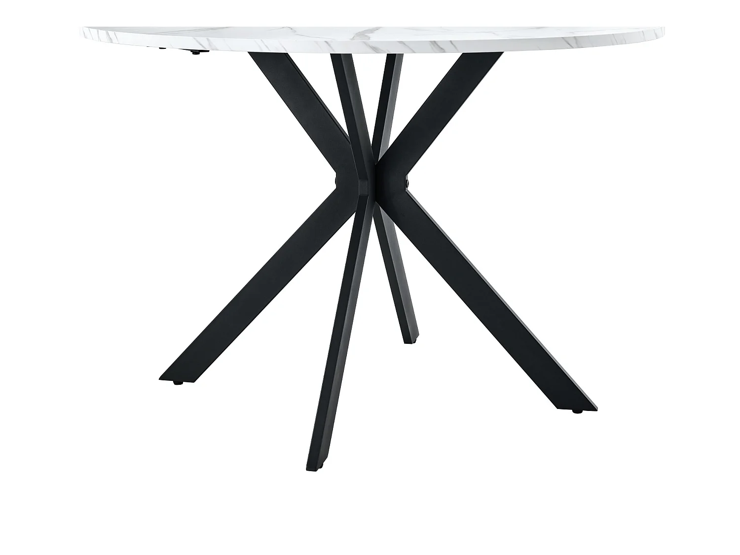 Table à manger ronde 110 cm effet marbre blanc avec piètement X en métal noir