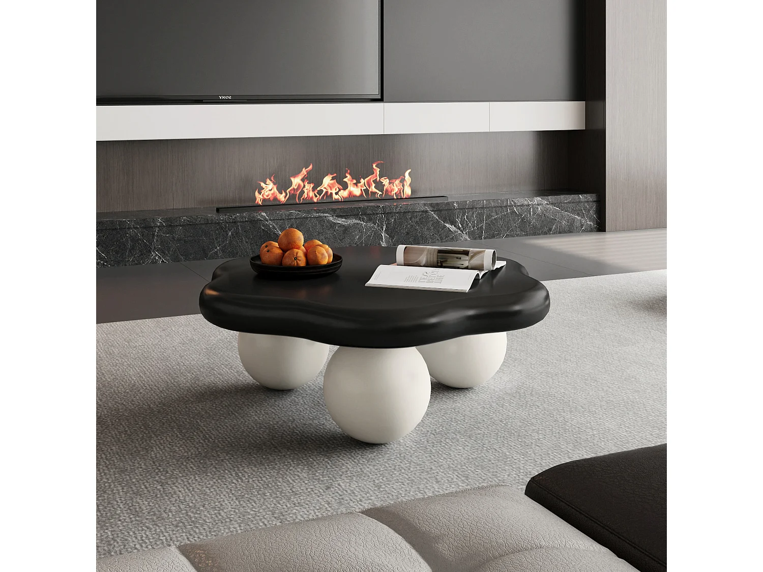 Table basse en forme de nuage 79 cm avec pieds sphériques - Plateau noir