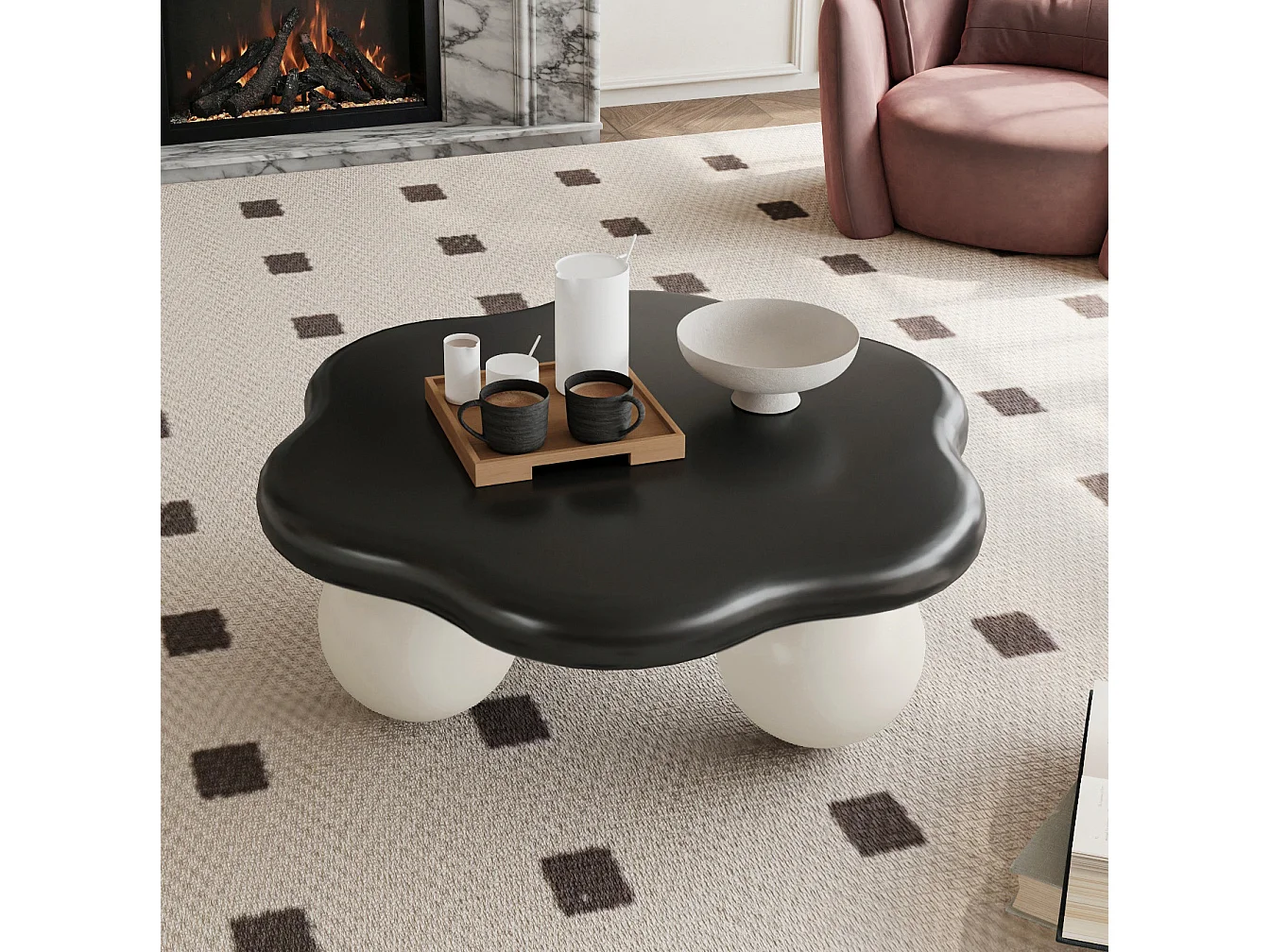 Table basse en forme de nuage 79 cm avec pieds sphériques - Plateau noir