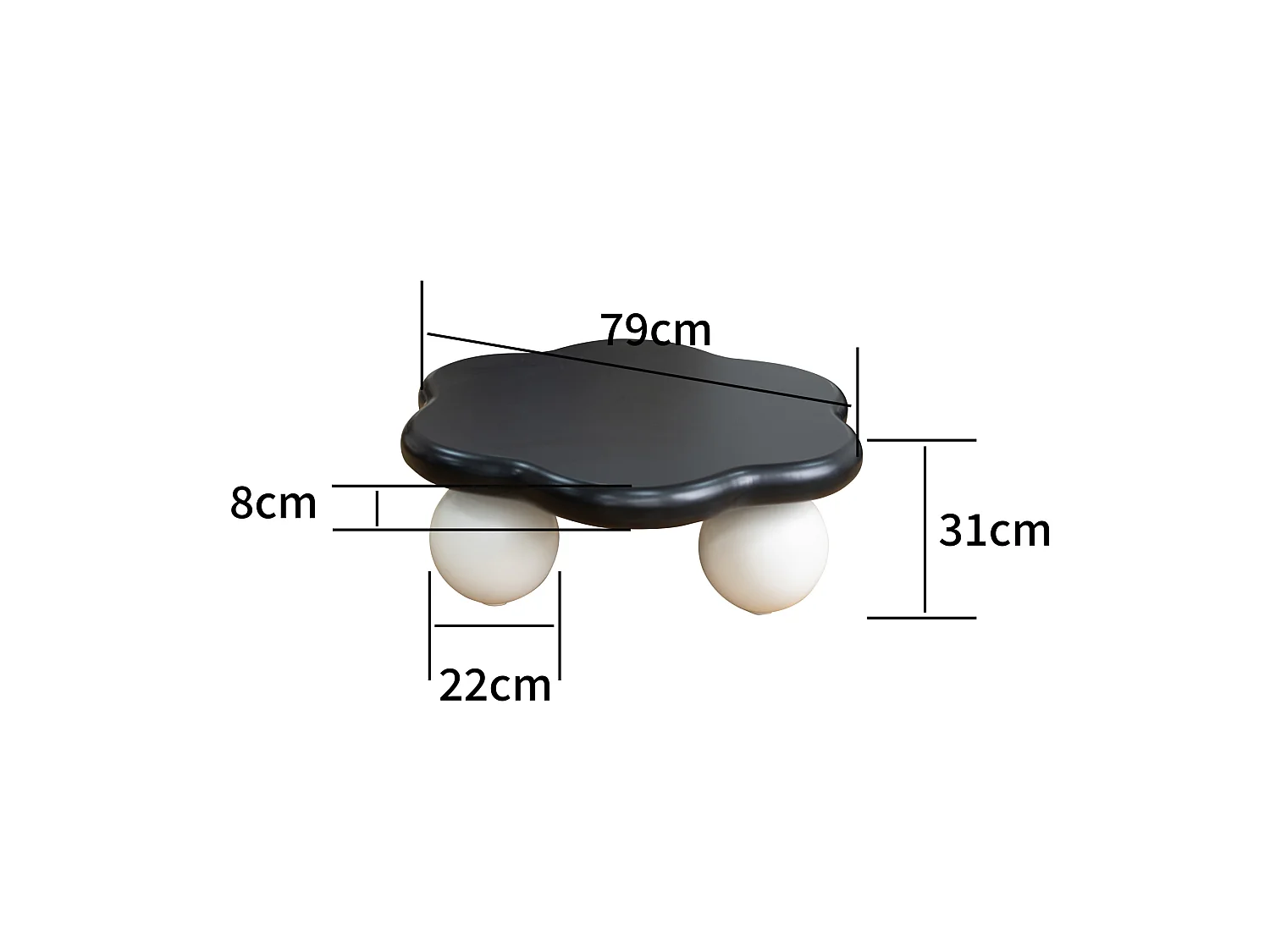 Table basse en forme de nuage 79 cm avec pieds sphériques - Plateau noir