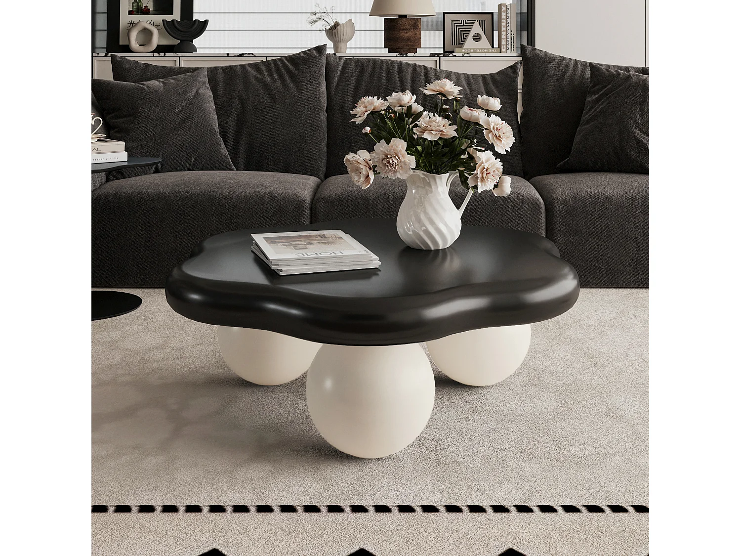 Table basse en forme de nuage 79 cm avec pieds sphériques - Plateau noir
